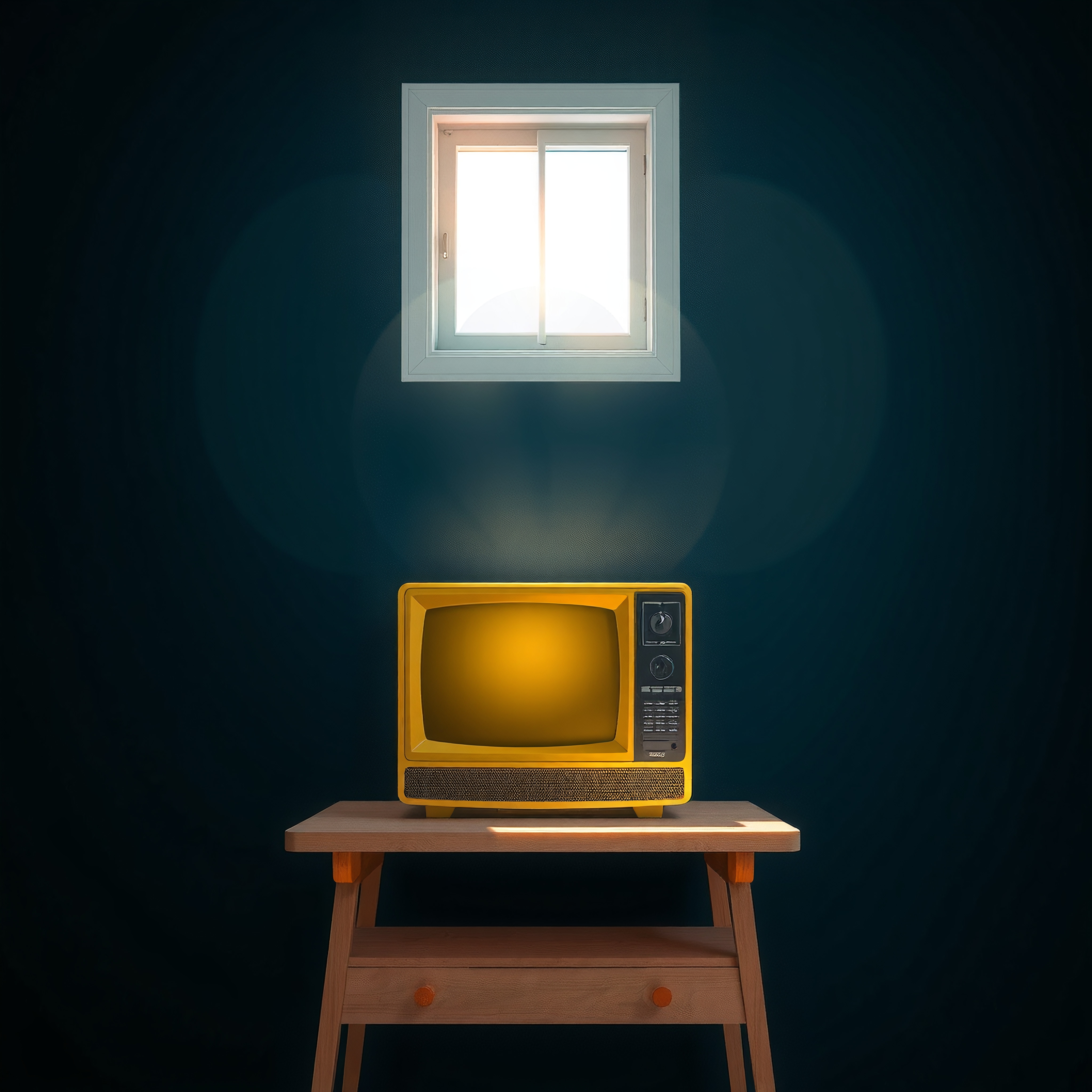 A vintage yellow television on a wooden table under a sunlit window in a minimalist, teal-colored room.