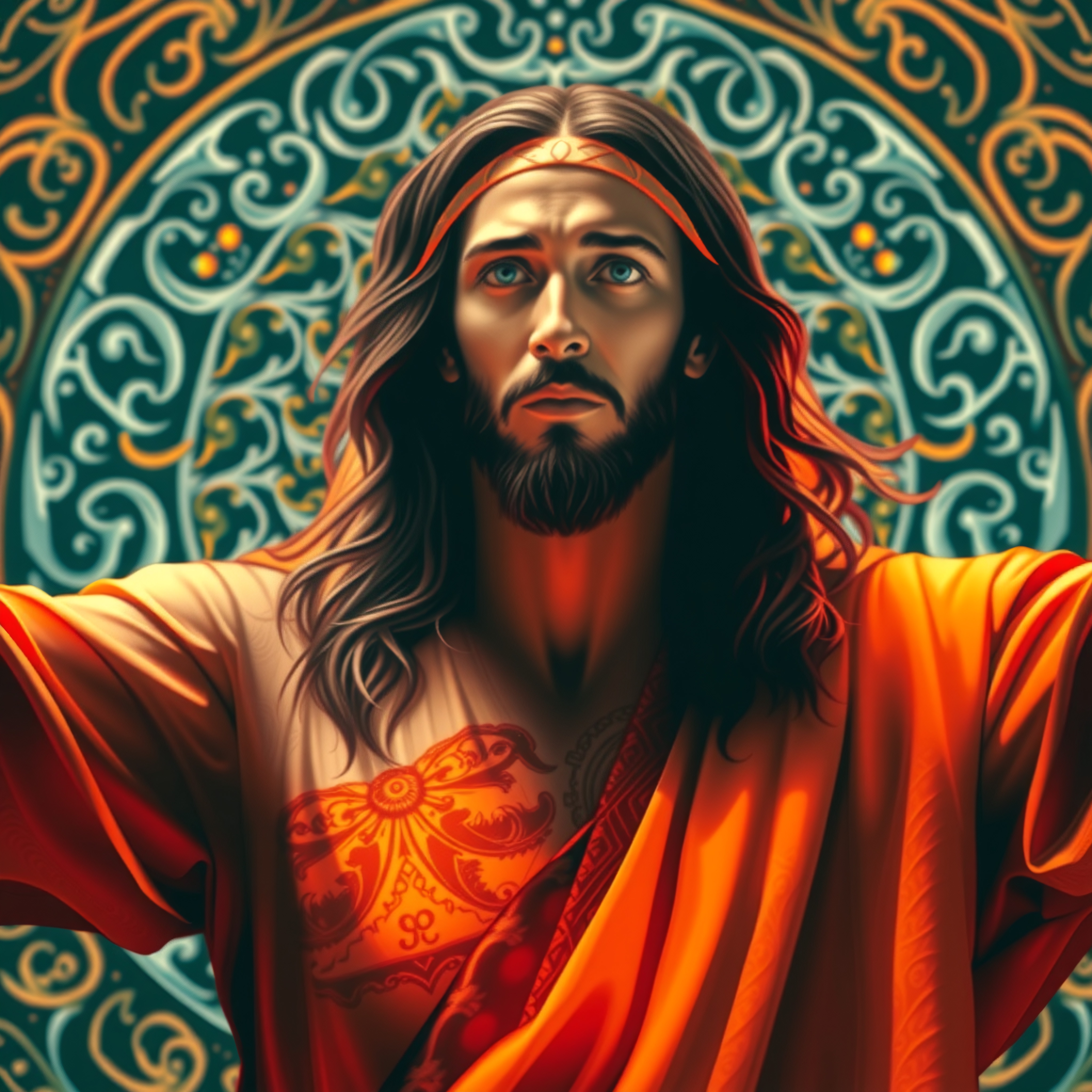 Close-up of a man in an orange robe with detailed patterns, standing against an intricately designed background featuring swirling floral motifs, exuding a serene and contemplative expression.