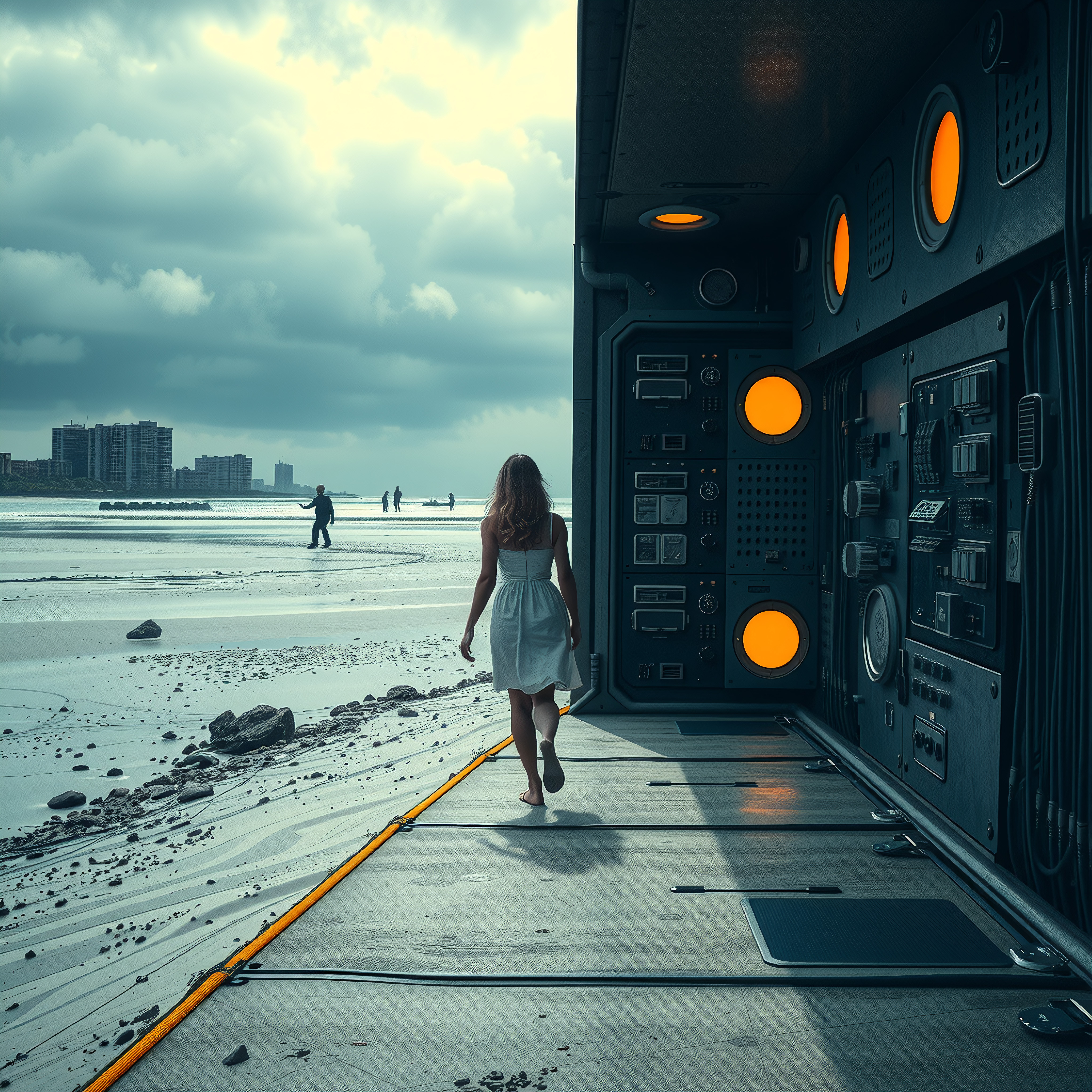 Woman walking through futuristic terminal toward a coastal sunse