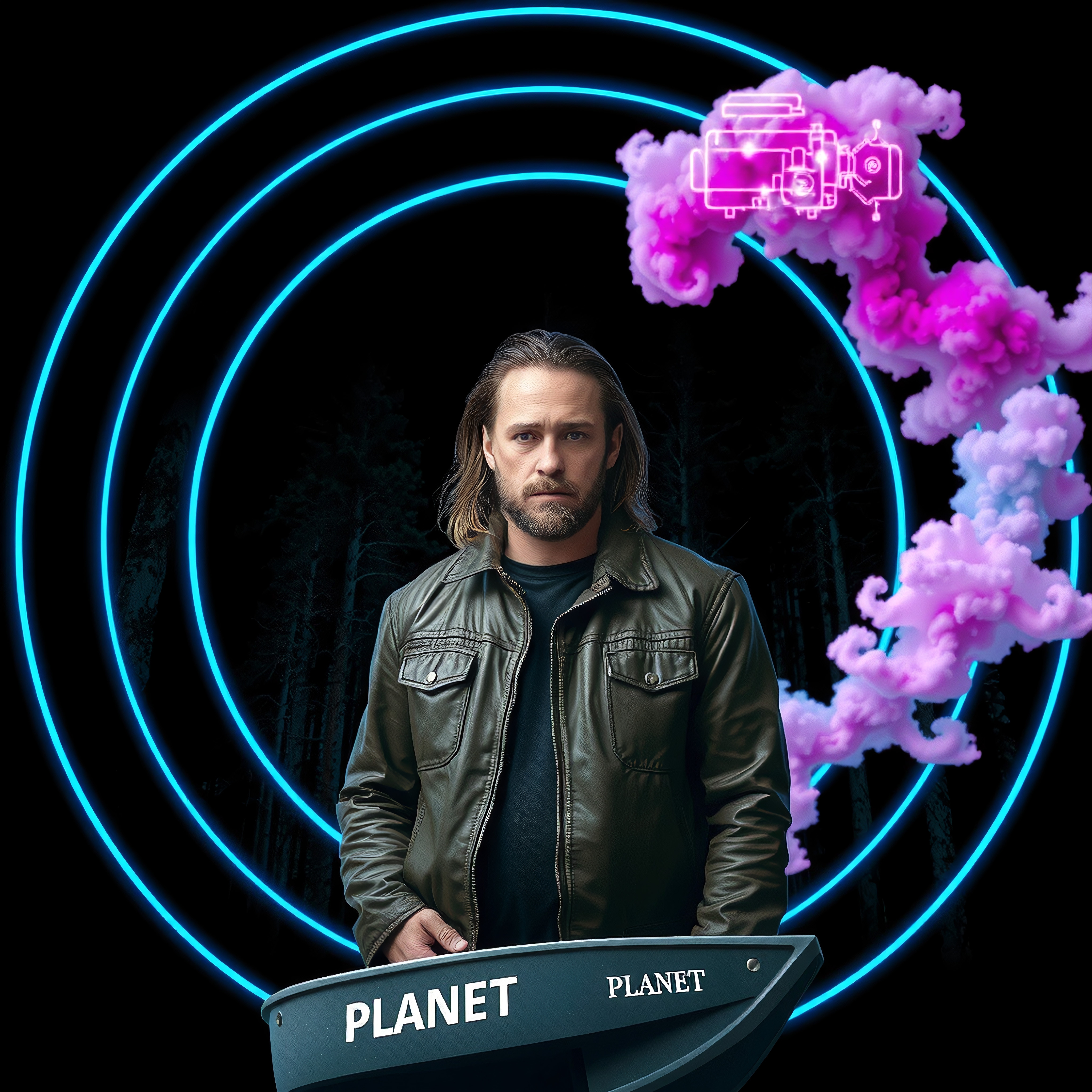 A man in a forest with blue rings and pink smoke, merging technology and nature.