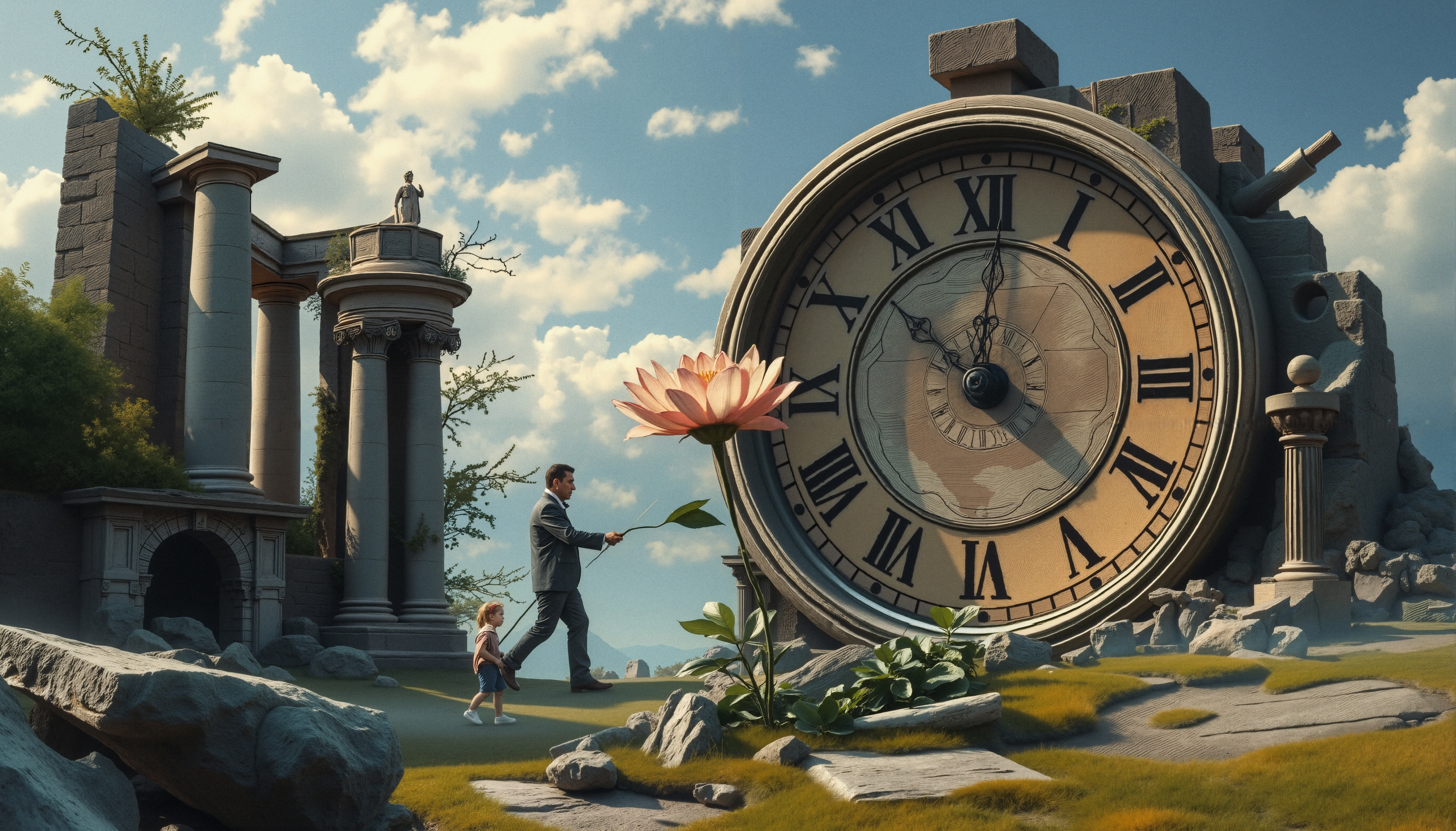 A man and child walking beside a giant clock in ancient ruins.