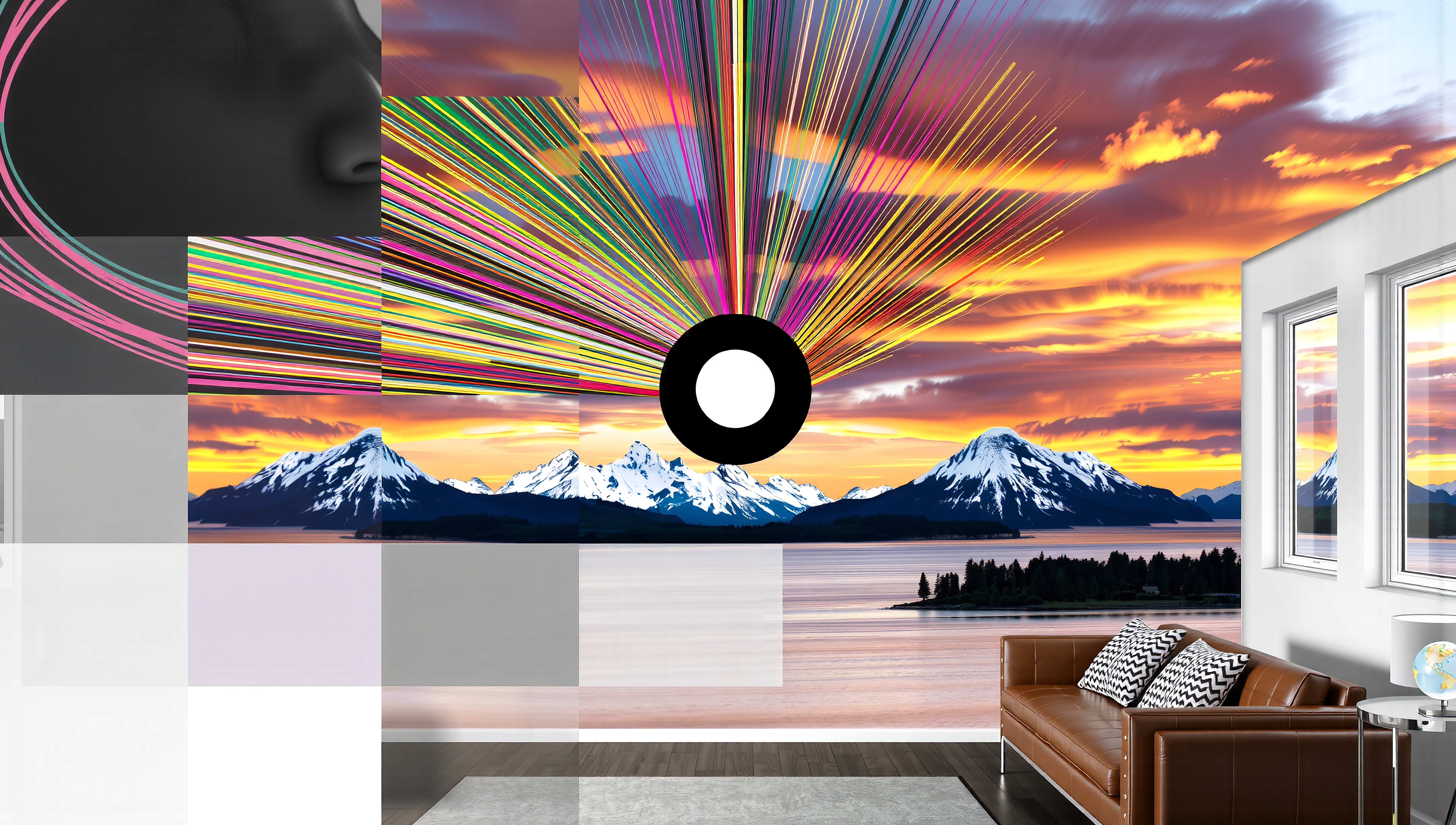 Modern living room featuring abstract digital mountain art with vibrant sunset colors and radial design.