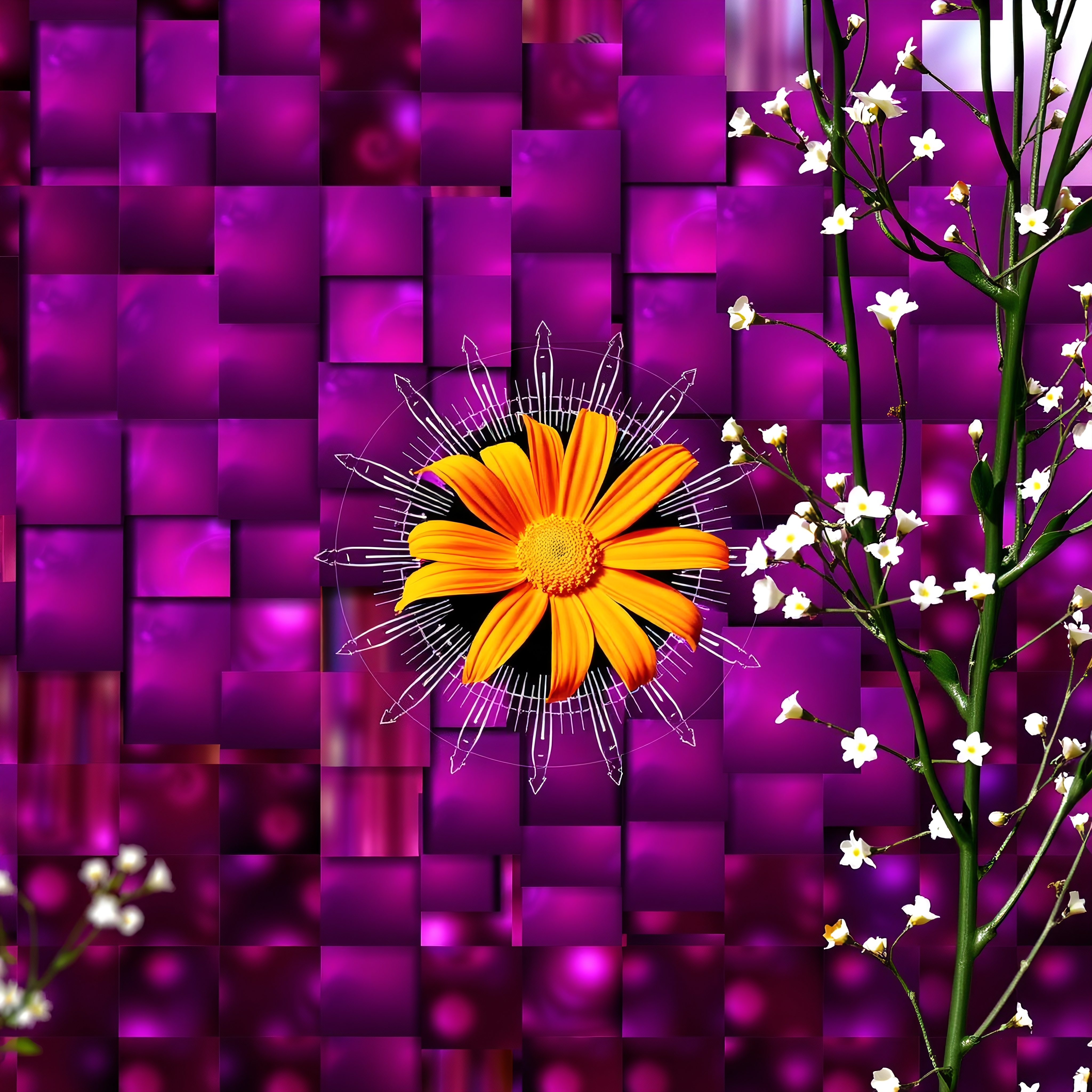 Vibrant orange flower on purple mosaic background with white blooms and artistic lighting effect