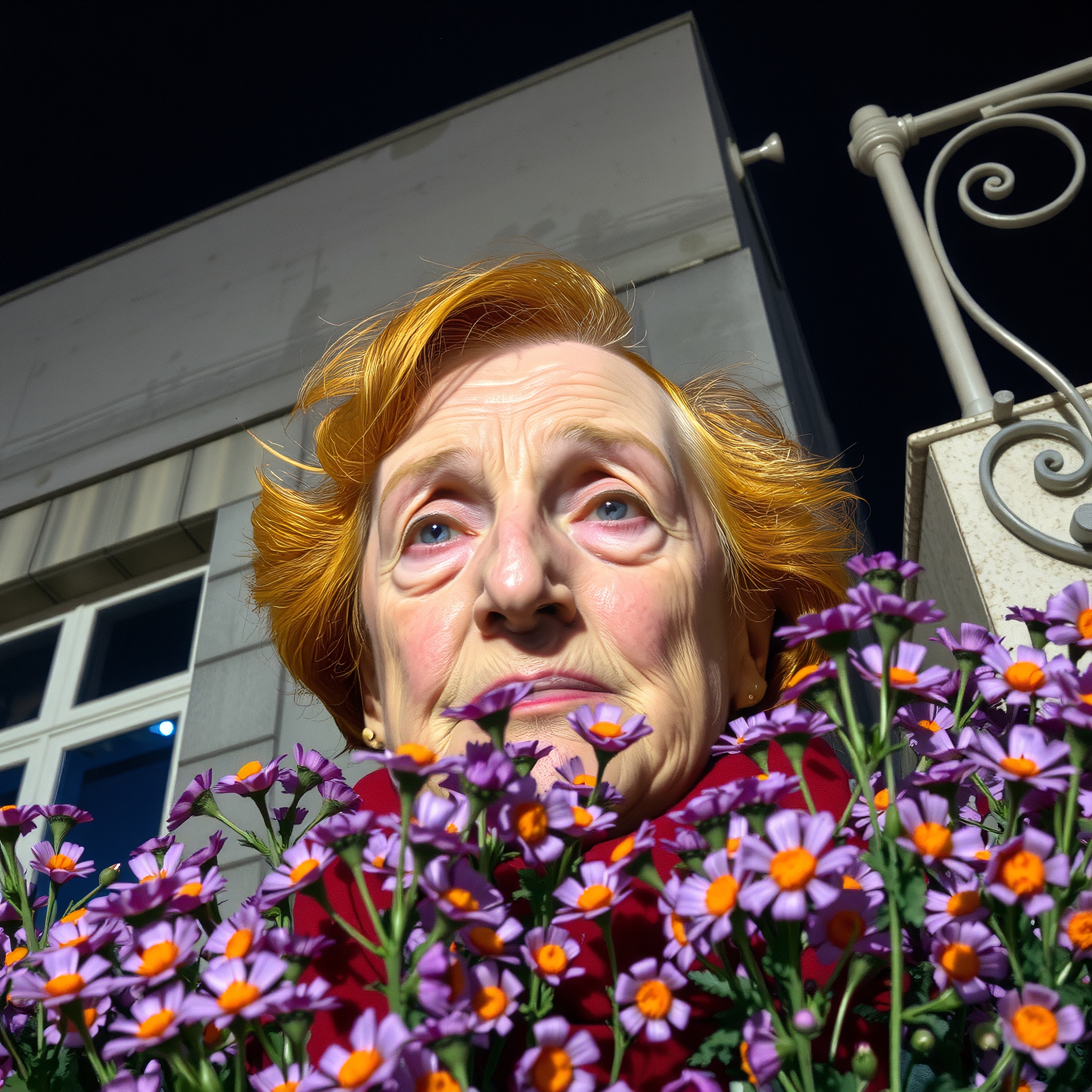 A lifelike sculpture of an elderly woman gazes through bright purple and orange flowers, juxtaposed against an urban backdrop under a night sky.