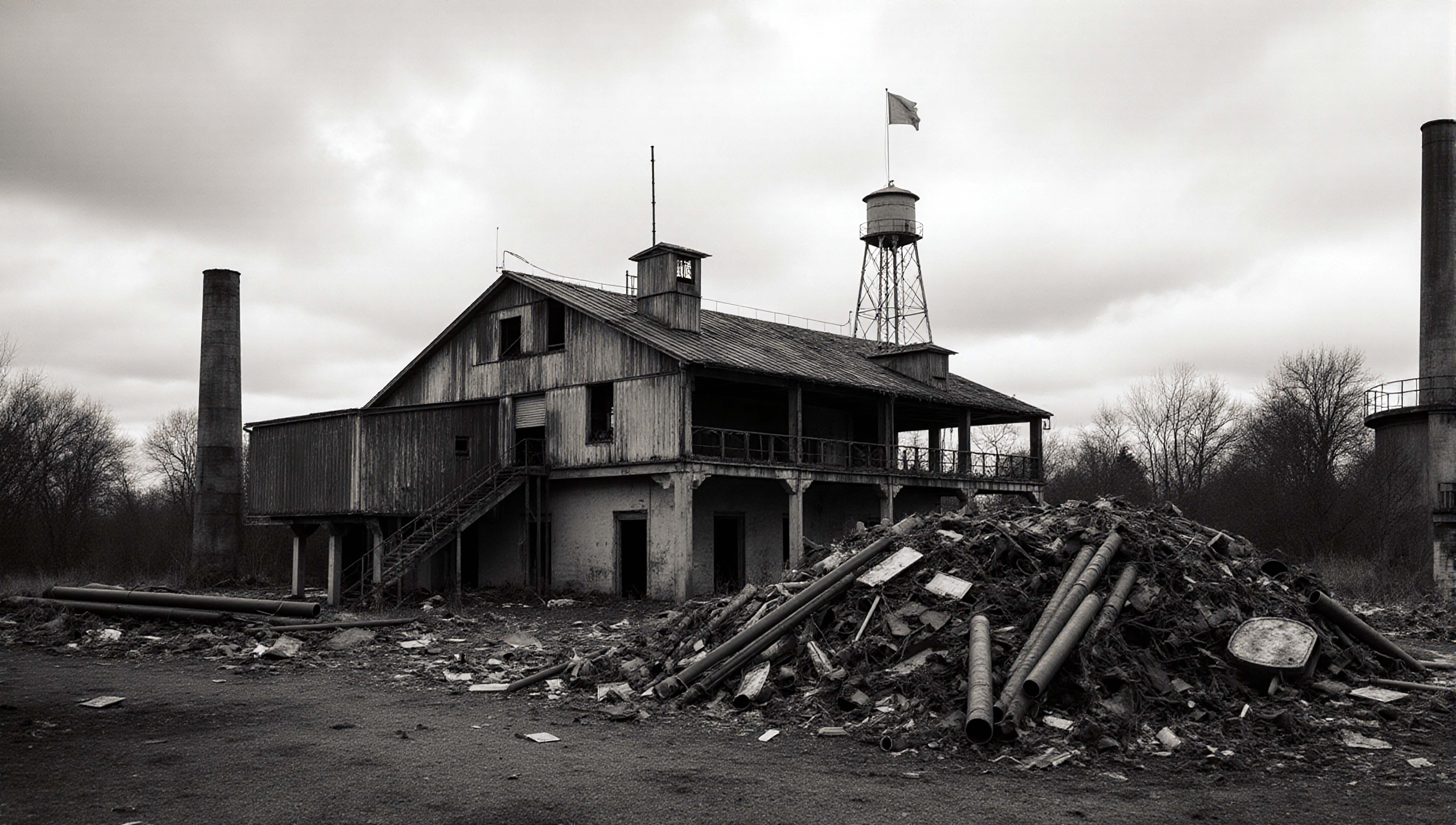 Abandoned factory ruins covered in debris under gloomy skies