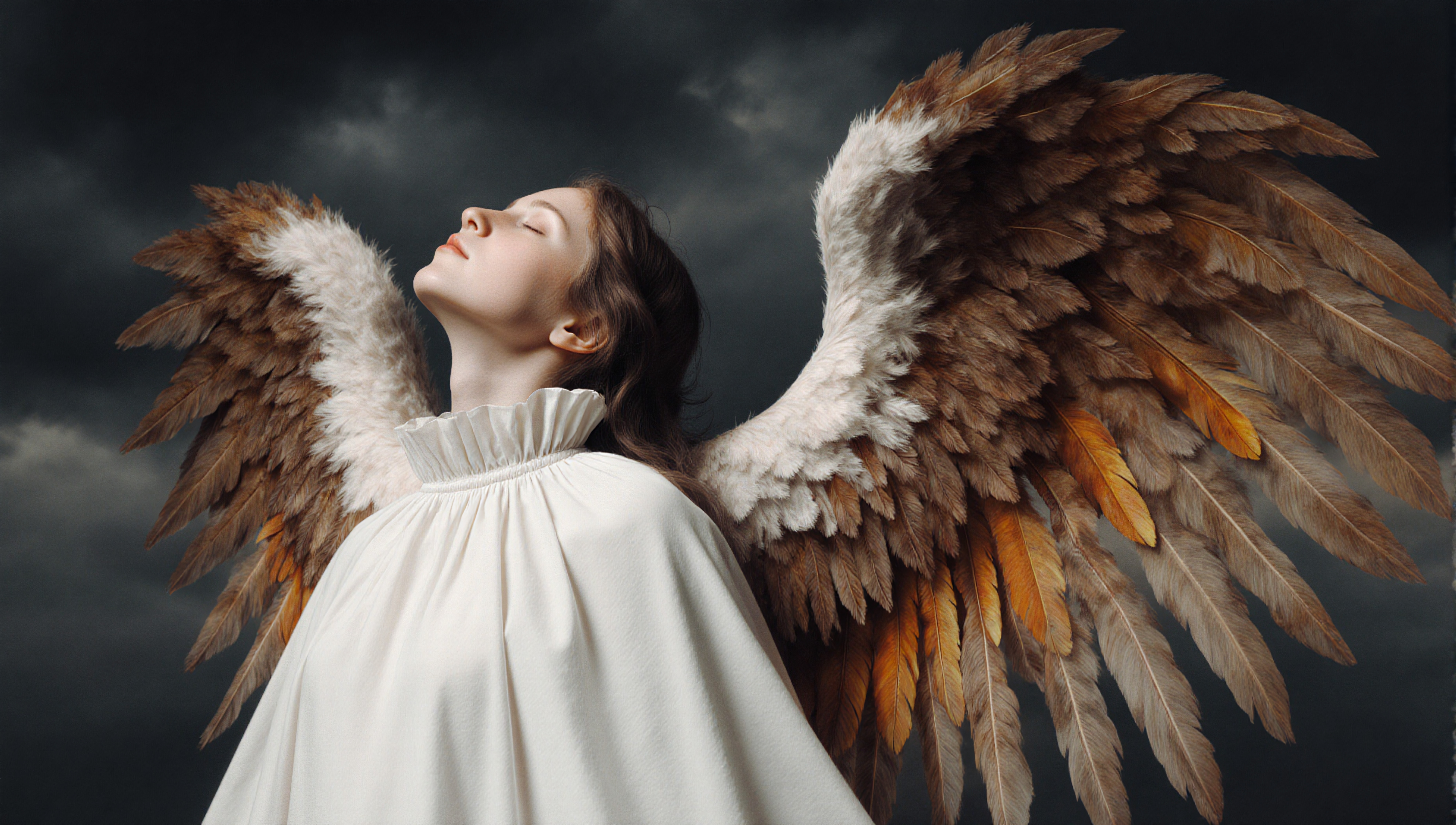An ethereal woman with wings stands serenely against a dark cloudy backdrop.