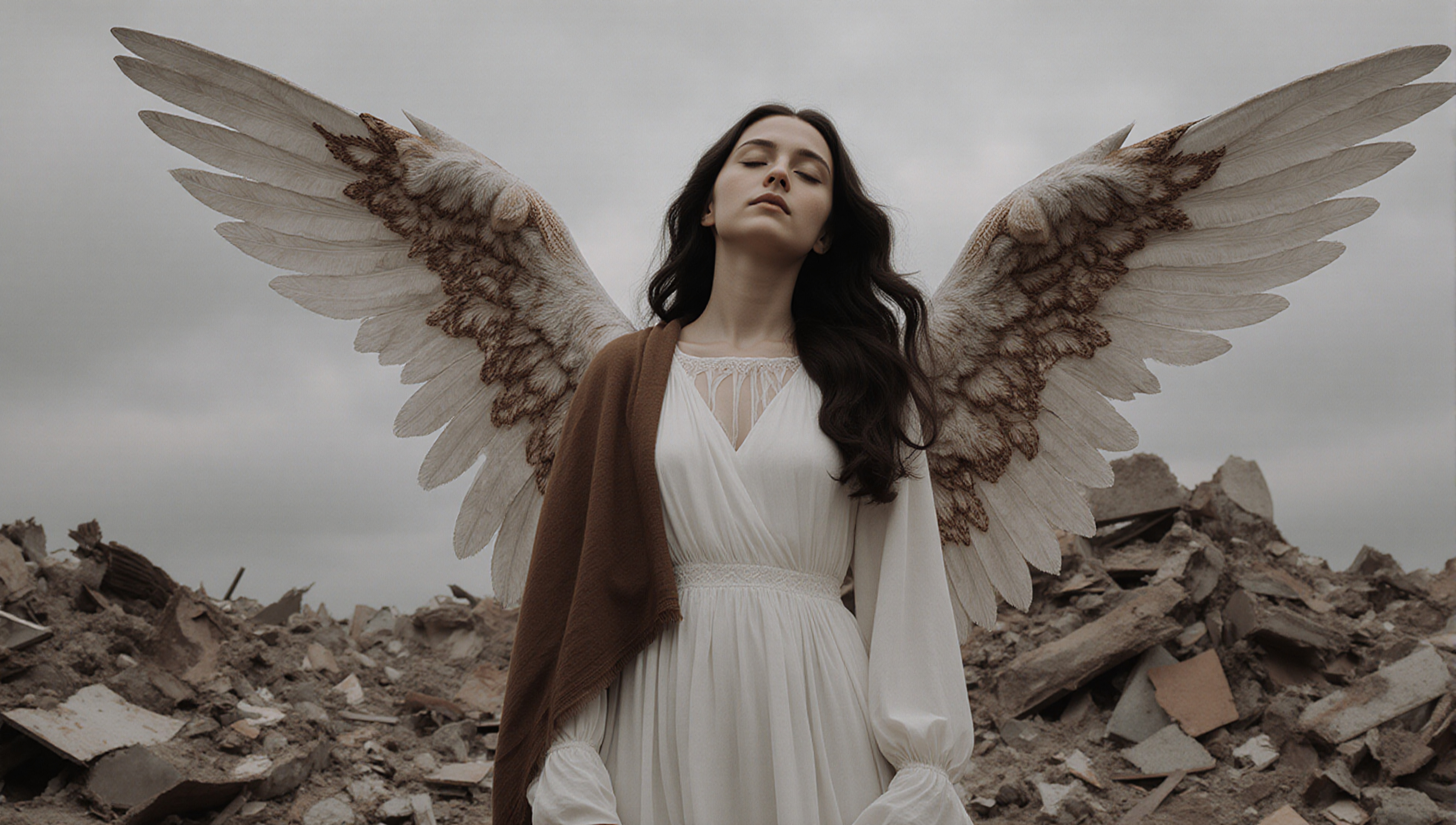 A serene woman with angelic wings stands amidst rubble, wearing a flowing white gown, exuding calm and ethereal beauty.