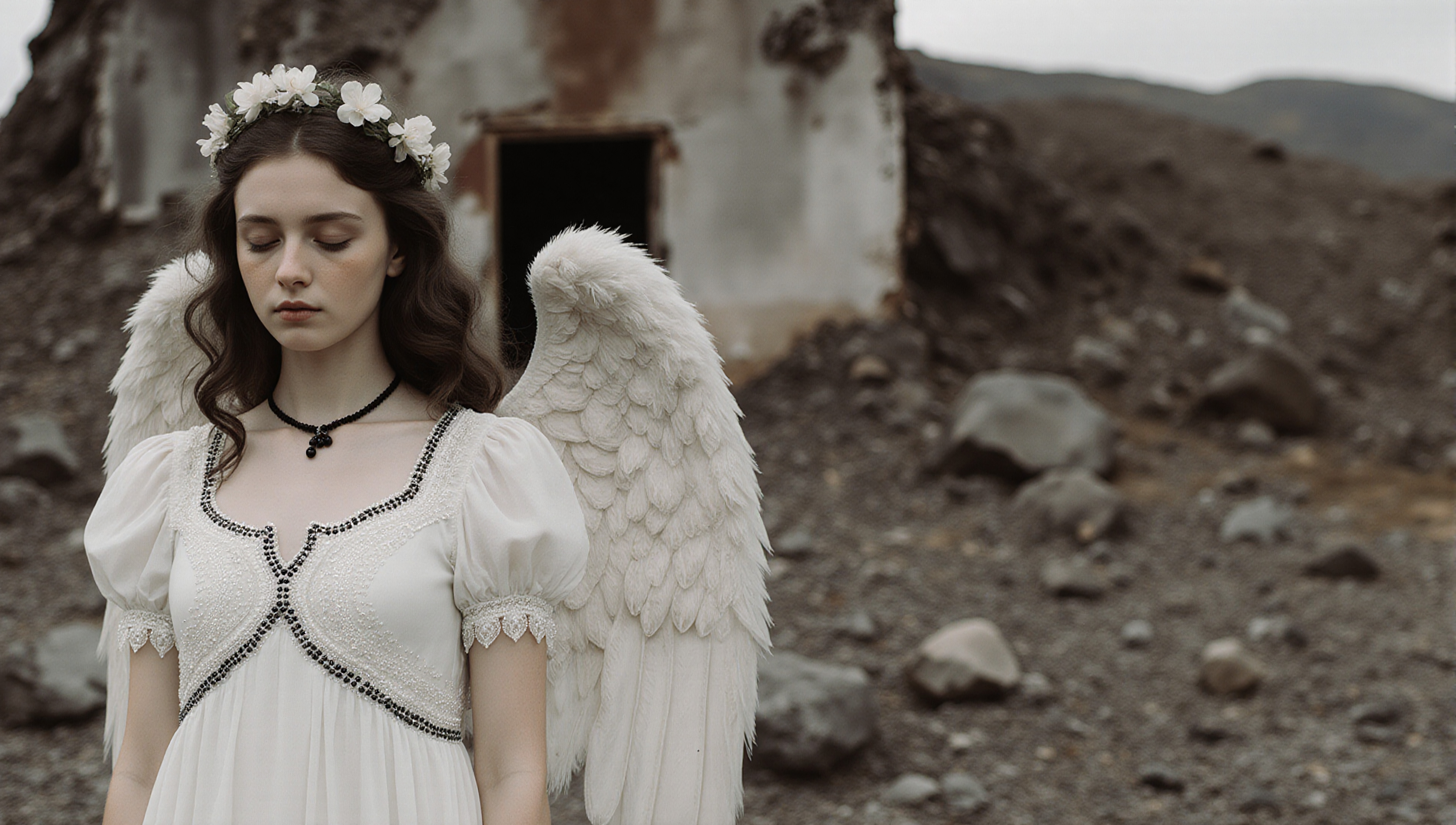 A serene angelic figure with wings stands in a desolate rocky landscape, wearing a white dress and floral crown, embodying ethereal beauty.
