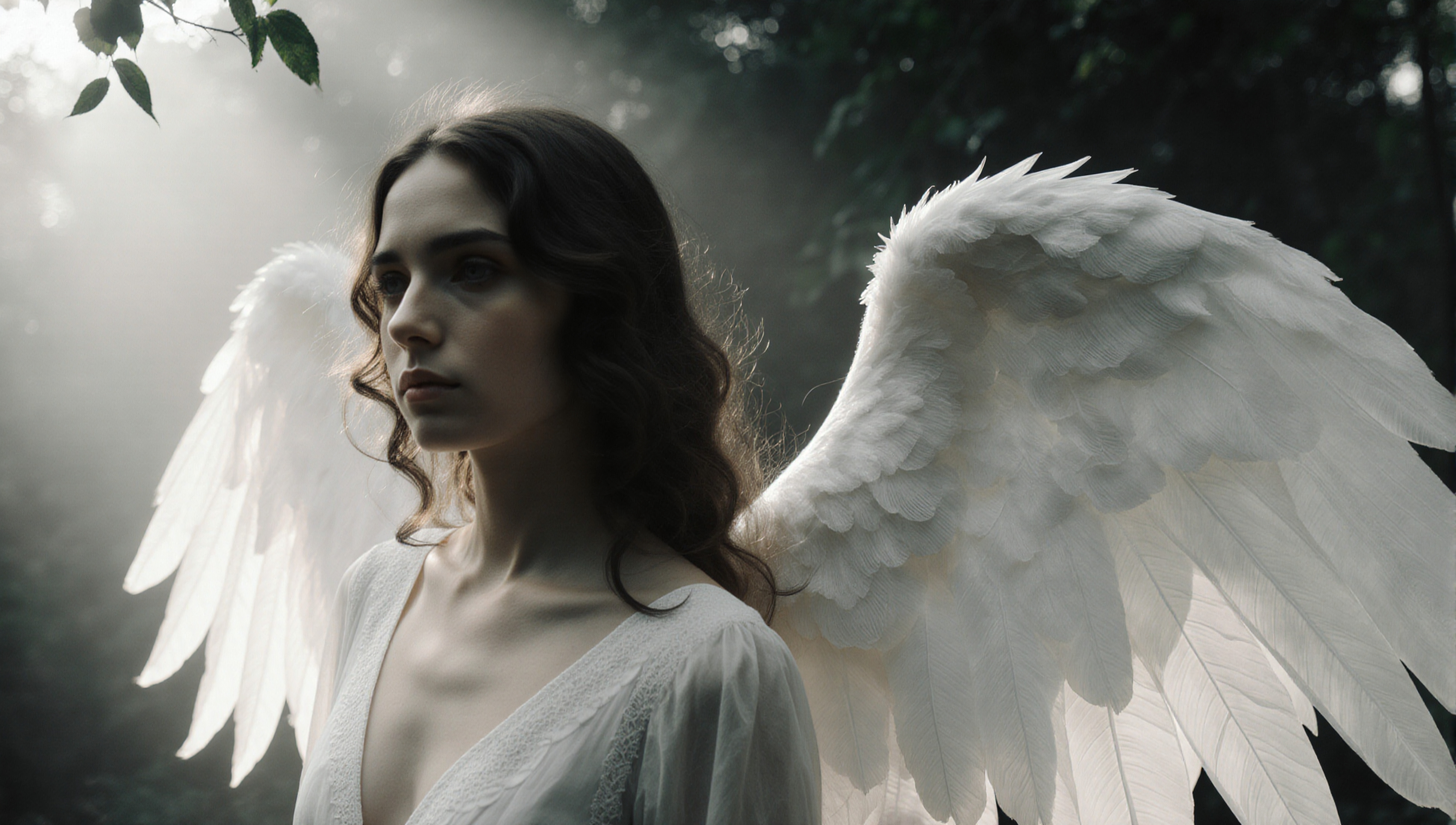 A woman with angel wings stands in a sunlit forest, surrounded by greenery.