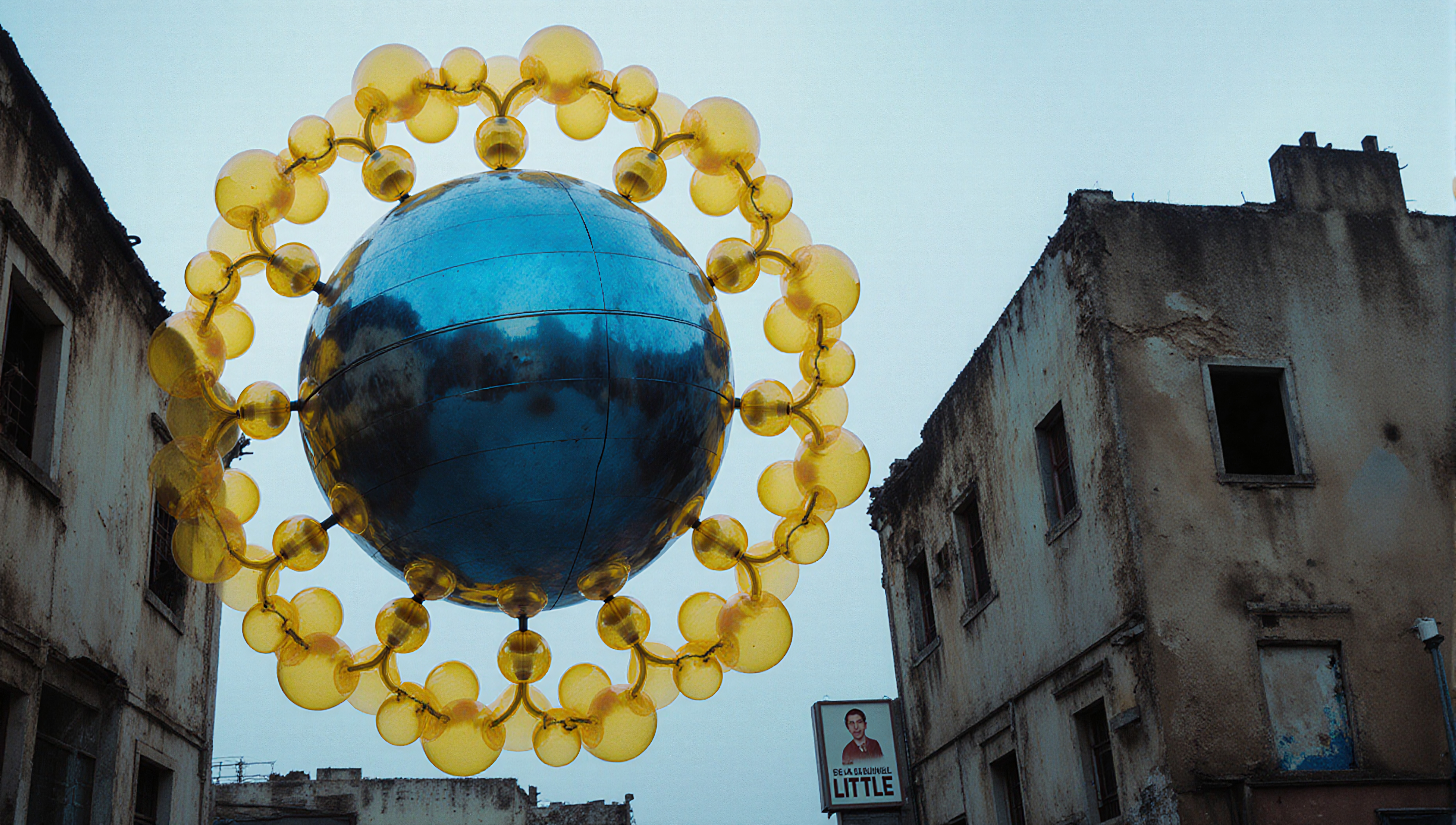 Futuristic blue and yellow sculpture between decaying buildings in cityscape.