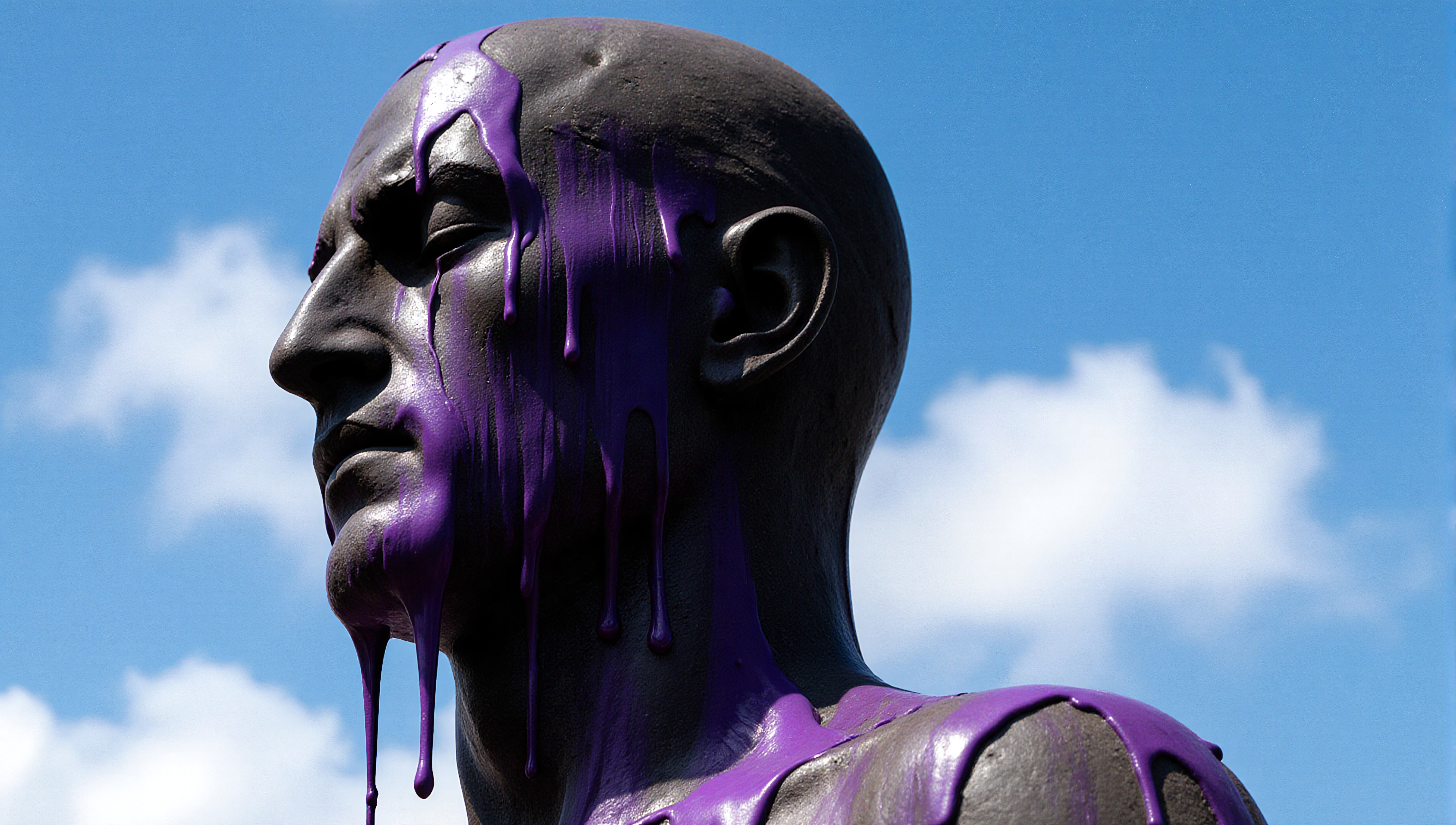 Dark statue with purple paint dripping against blue sky background