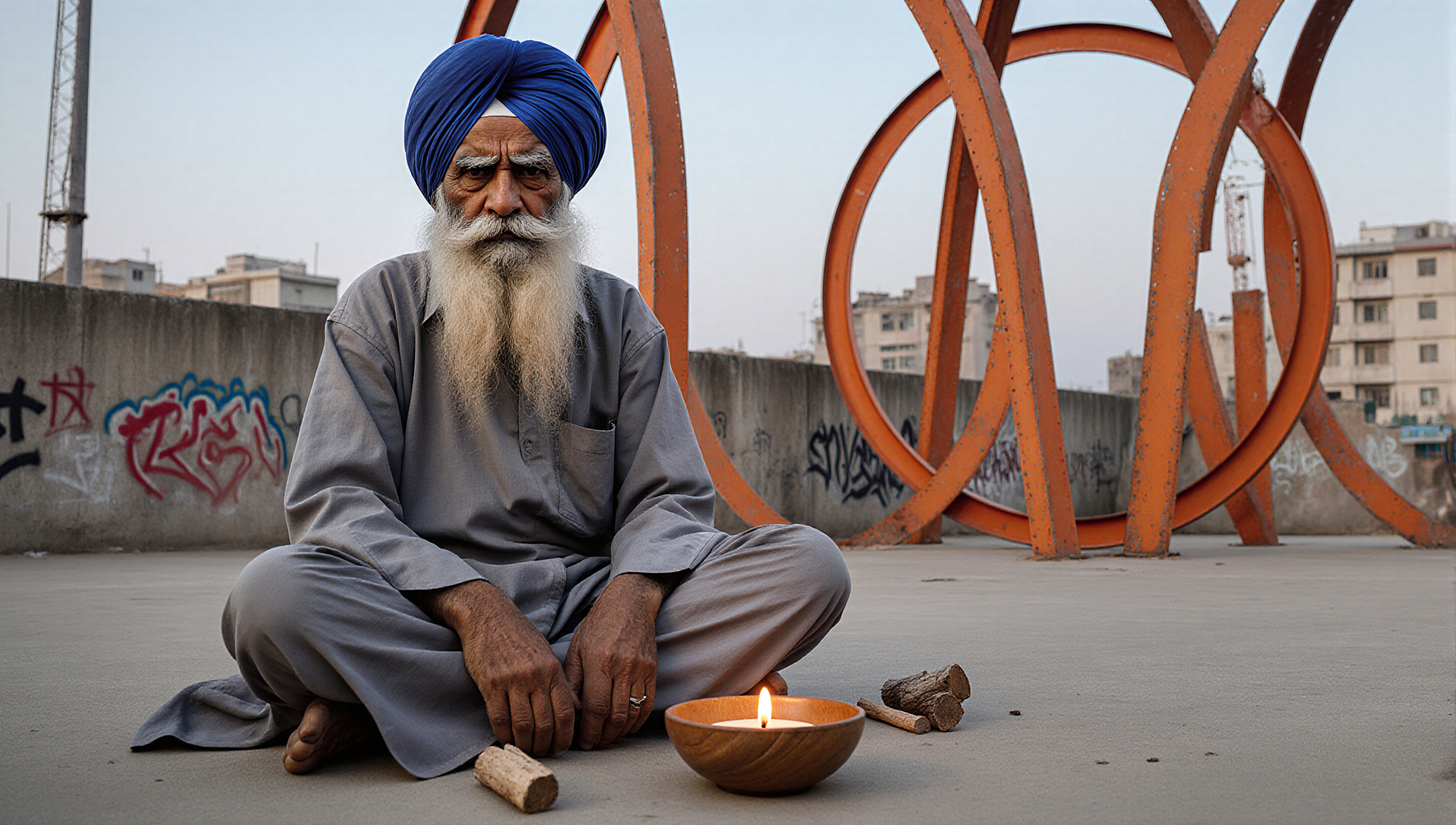 serene scene of a man meditating in an urban environment with industrial elements in the background.
