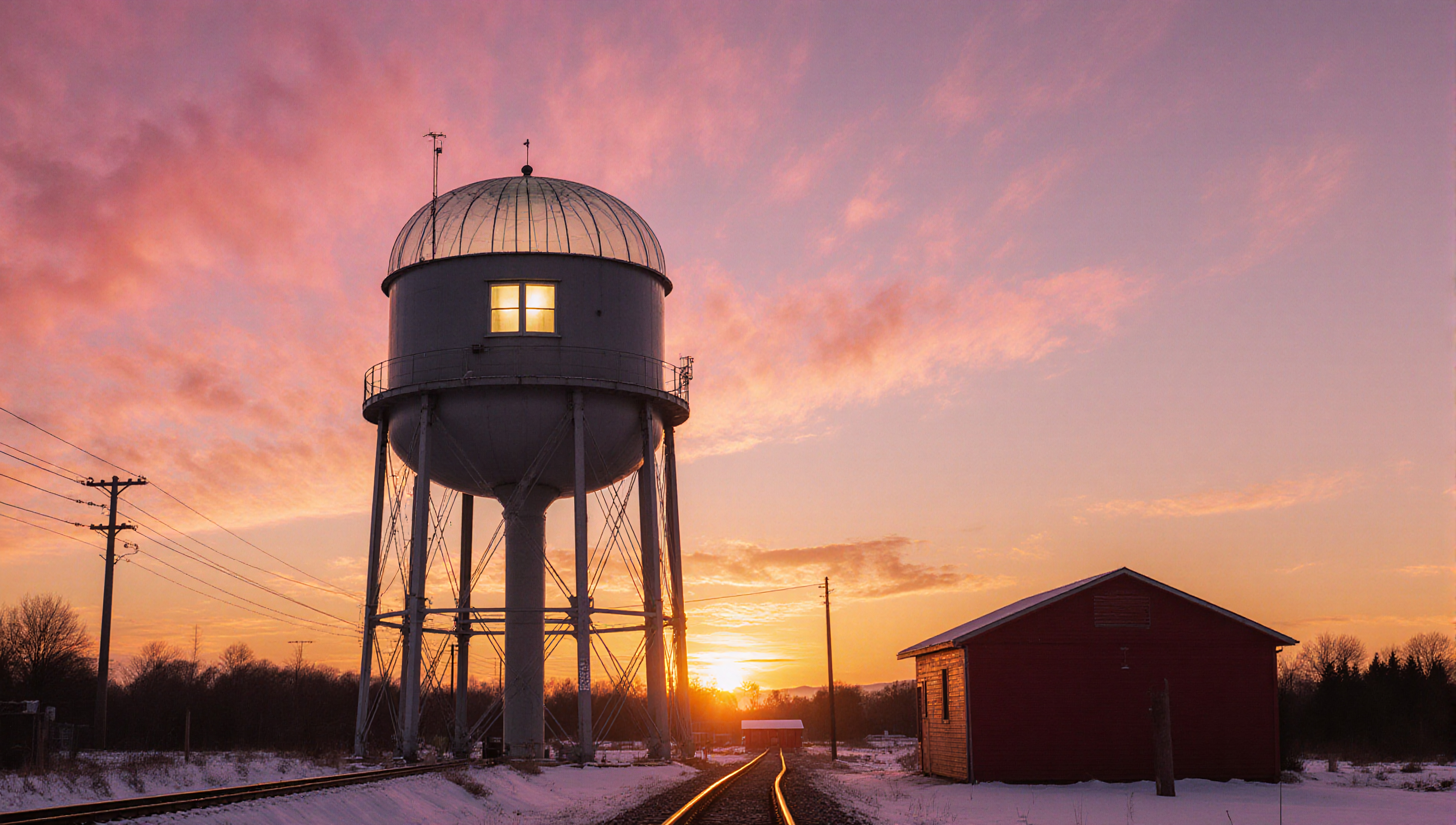 Water tower silhouetted by sunset sky.