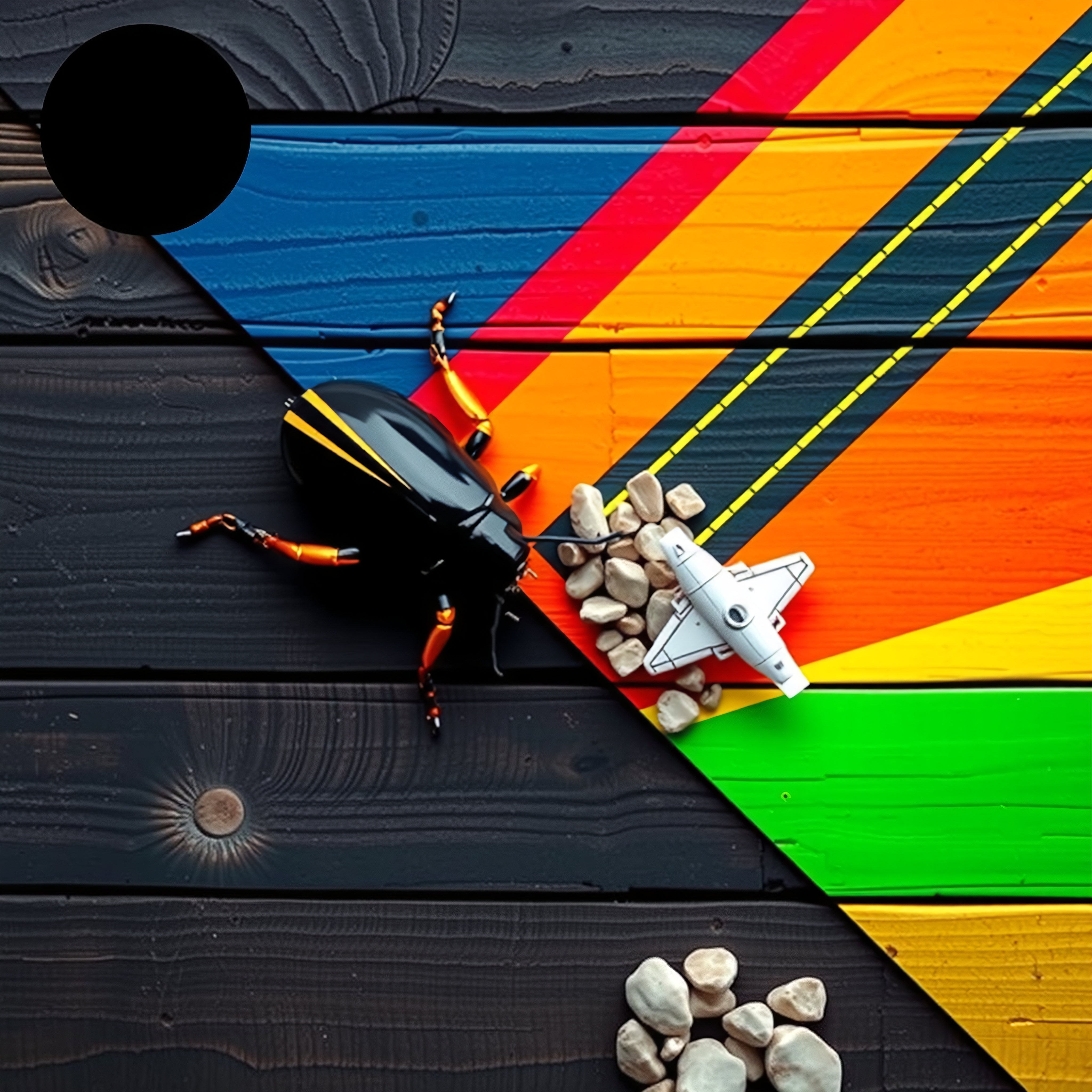 A black beetle, toy airplane, and pebbles on colorful wooden background.