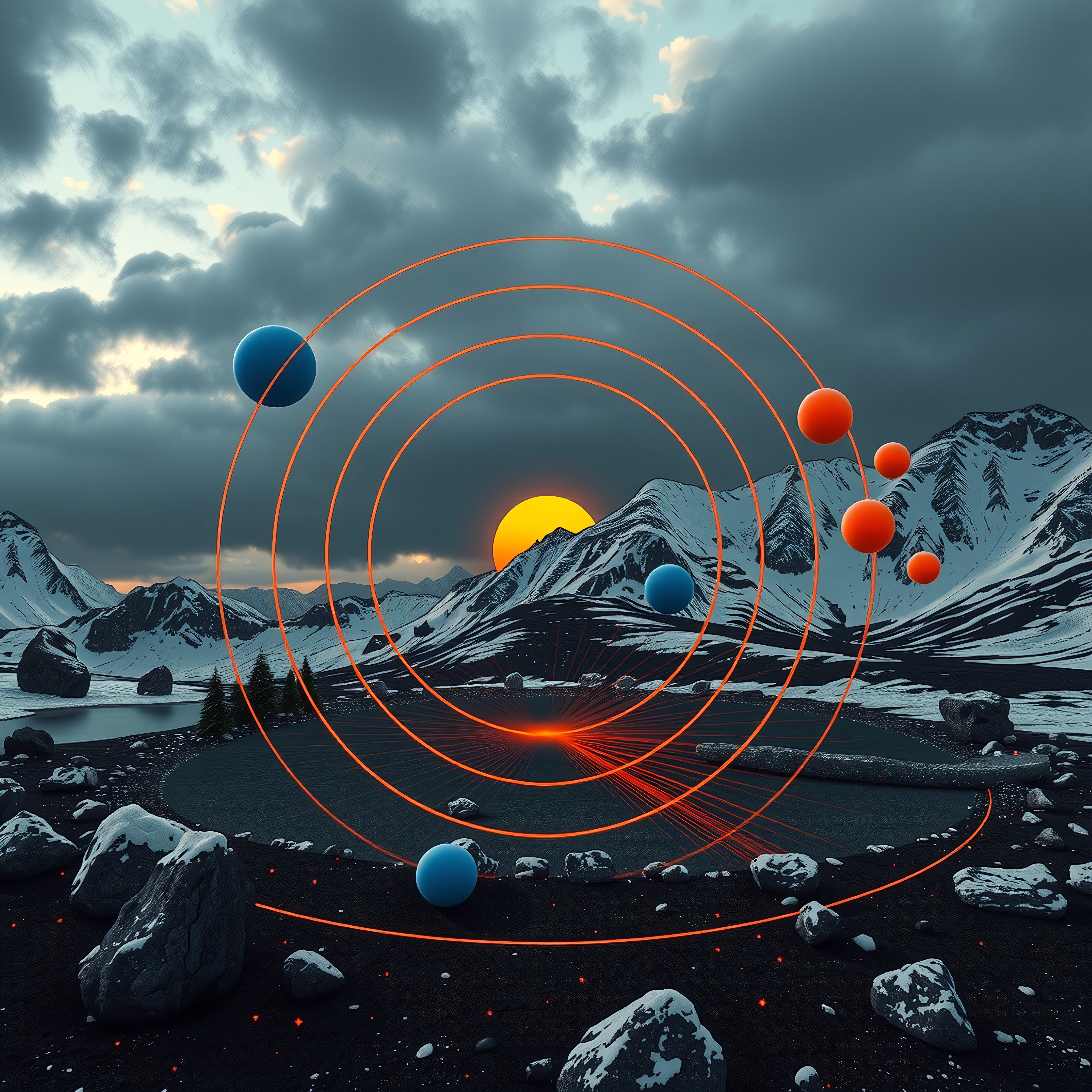 Surreal landscape with floating spheres at sunset.