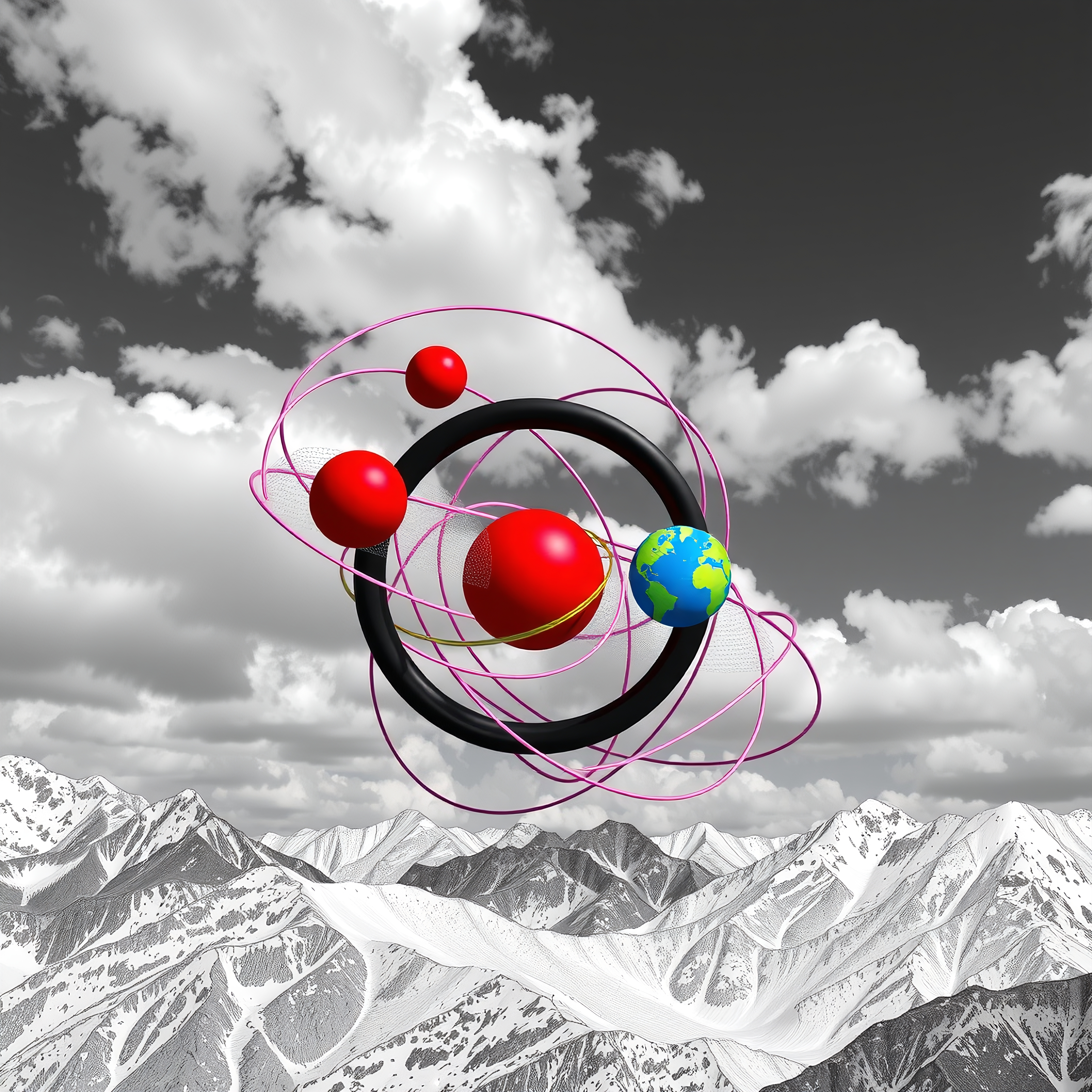 Surreal image of colorful cosmic spheres over snowy mountains.