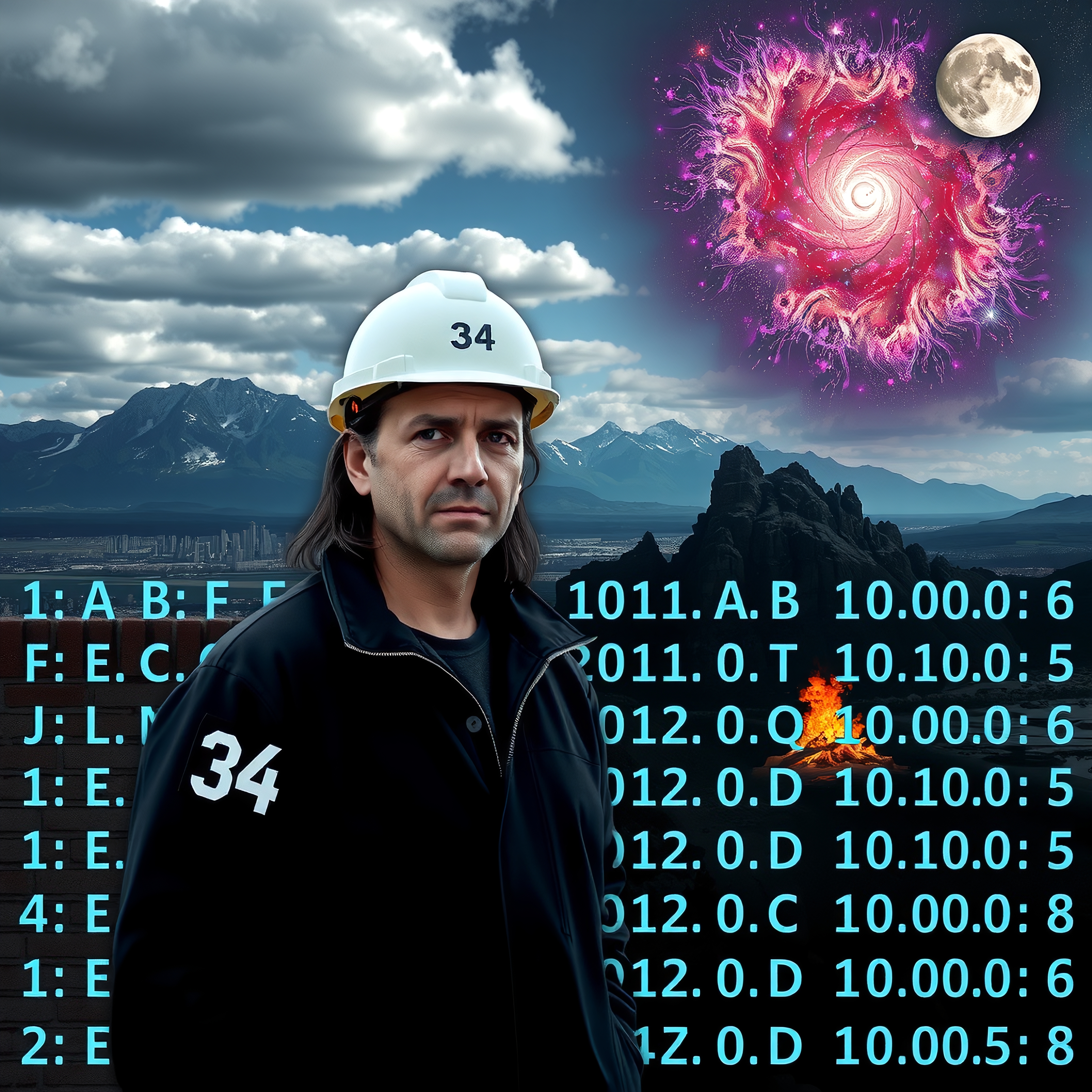 A man in a helmet stands before a surreal landscape with cosmic elements, digital data, and the moon.