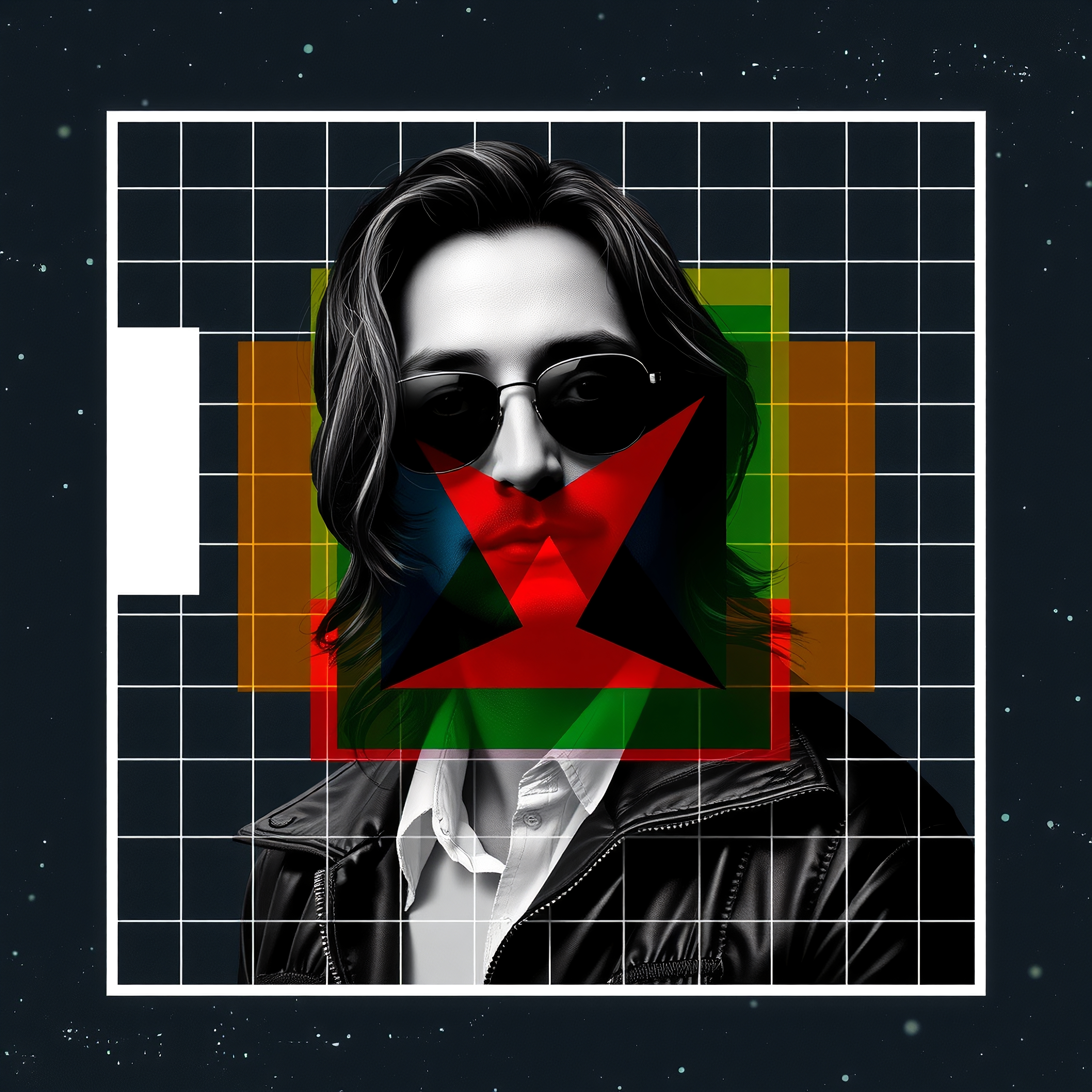 A stylish, abstract portrait with geometric overlays and grid background.