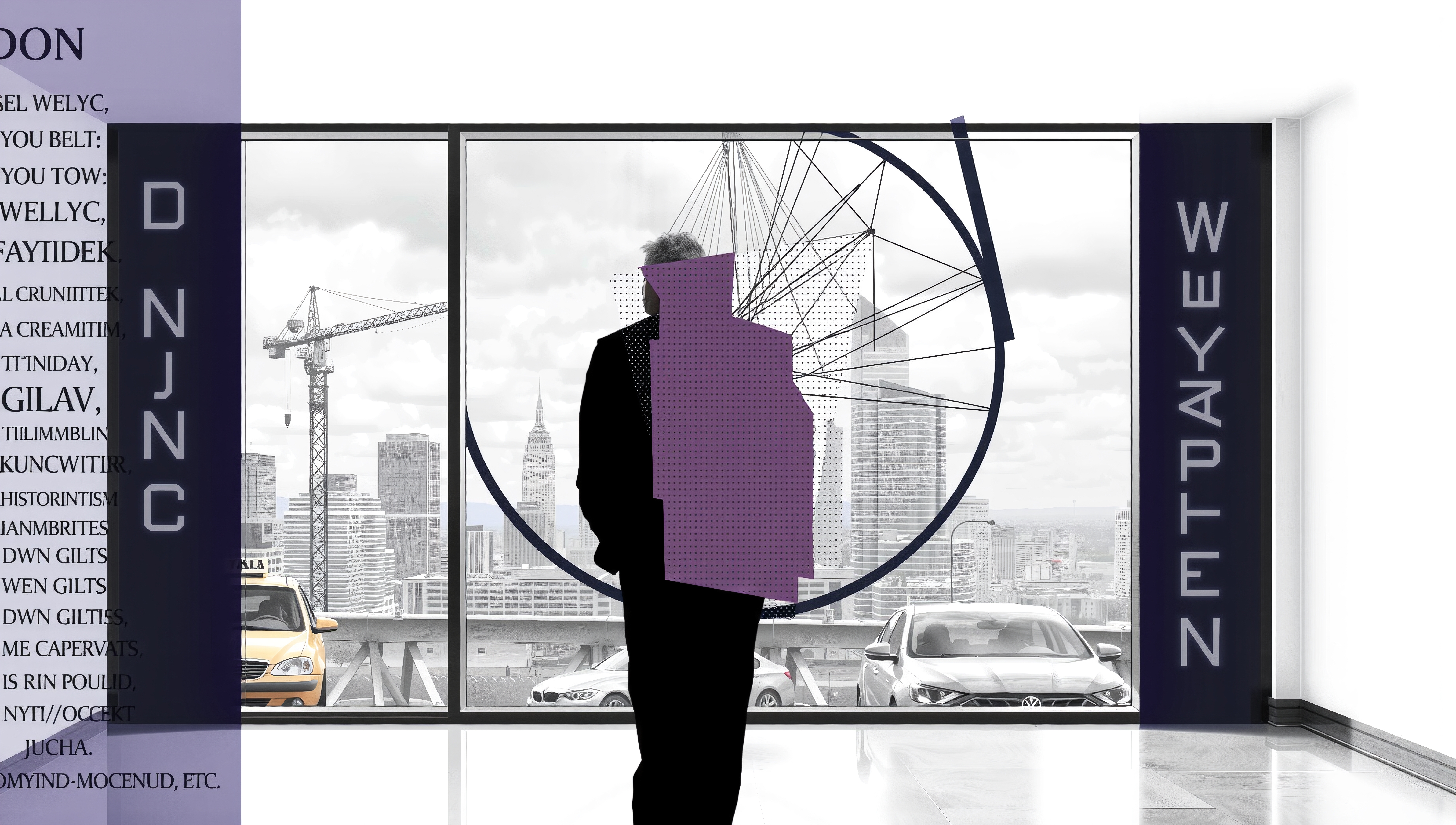 An abstract silhouette with geometric design overlooks a bustling city skyline through a large window, framed by text panels.