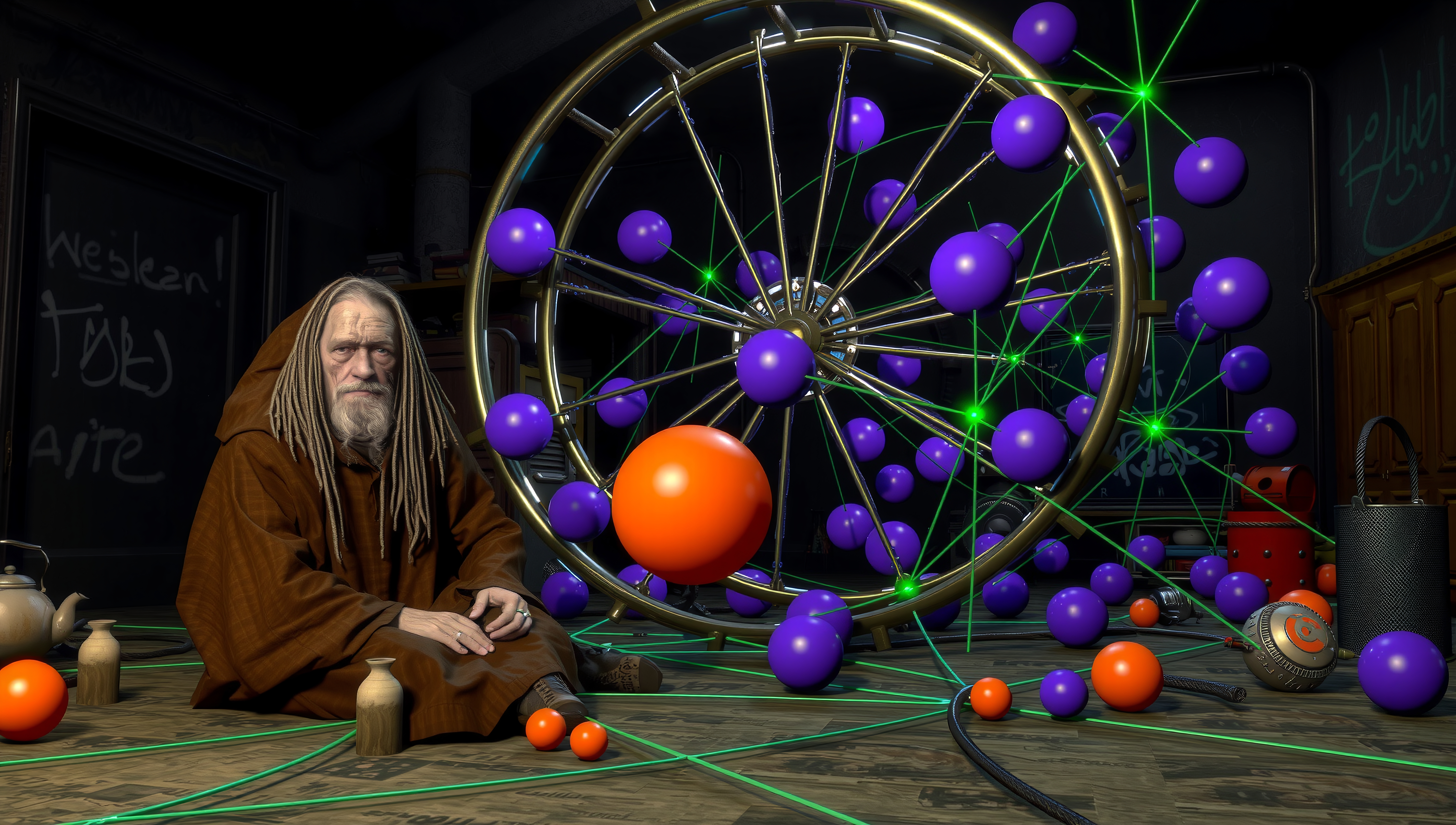 Elder sage observes glowing laser-connected orbs in mystical sci-fi lab setting