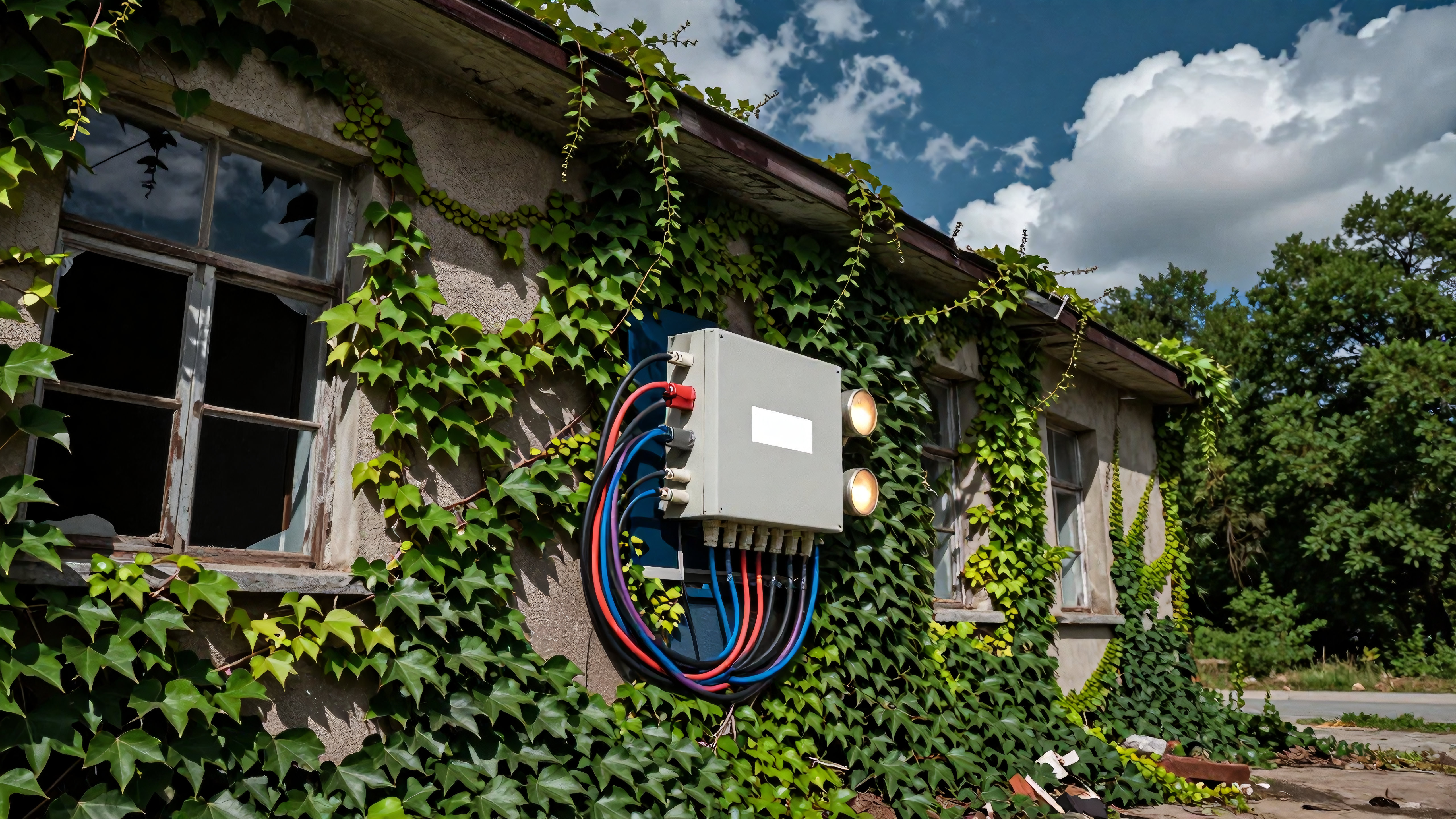 Abandoned house with overgrown ivy and exposed electrical box