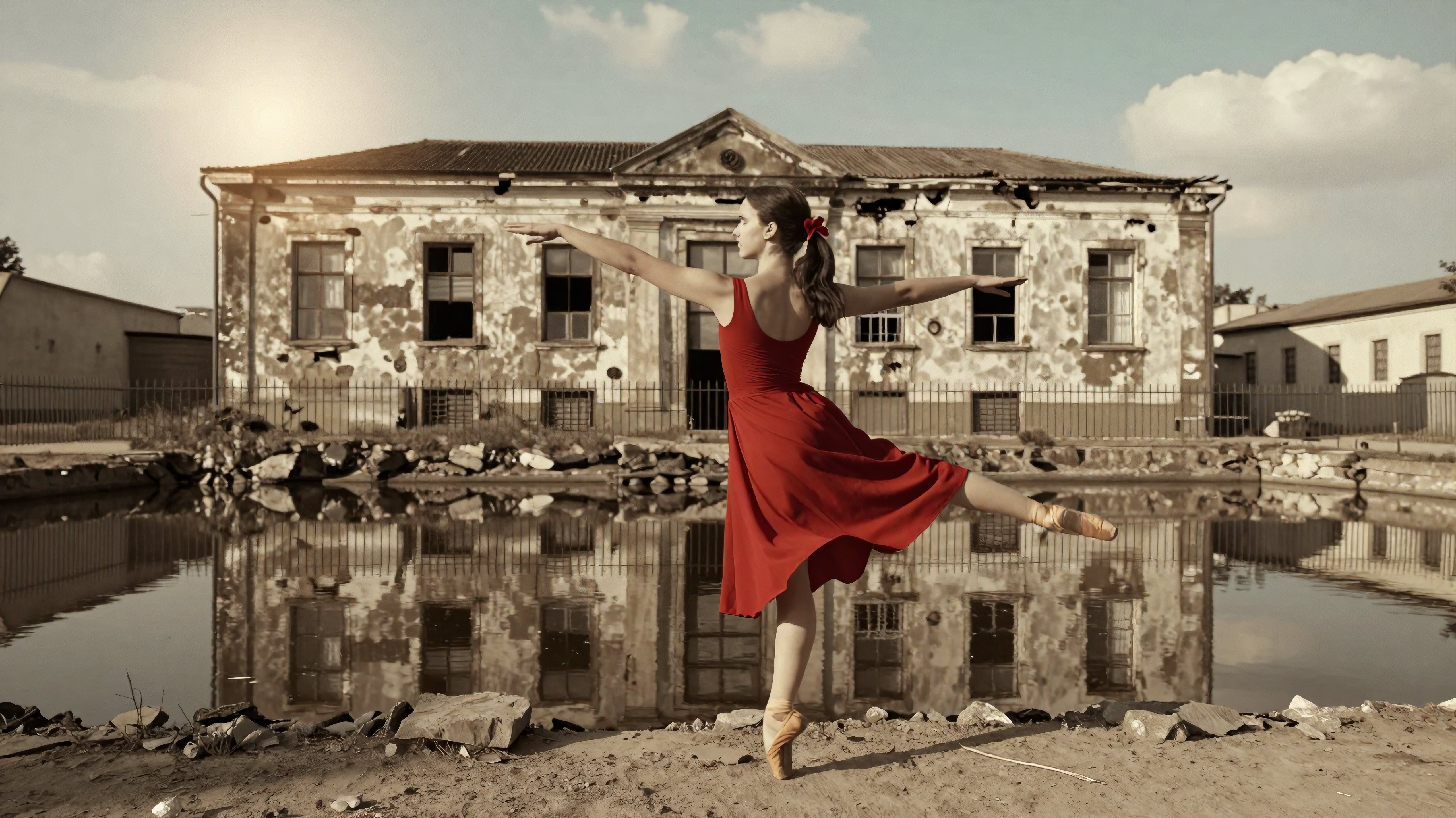 Ballerina dancing gracefully near ruined building reflected in dirty water