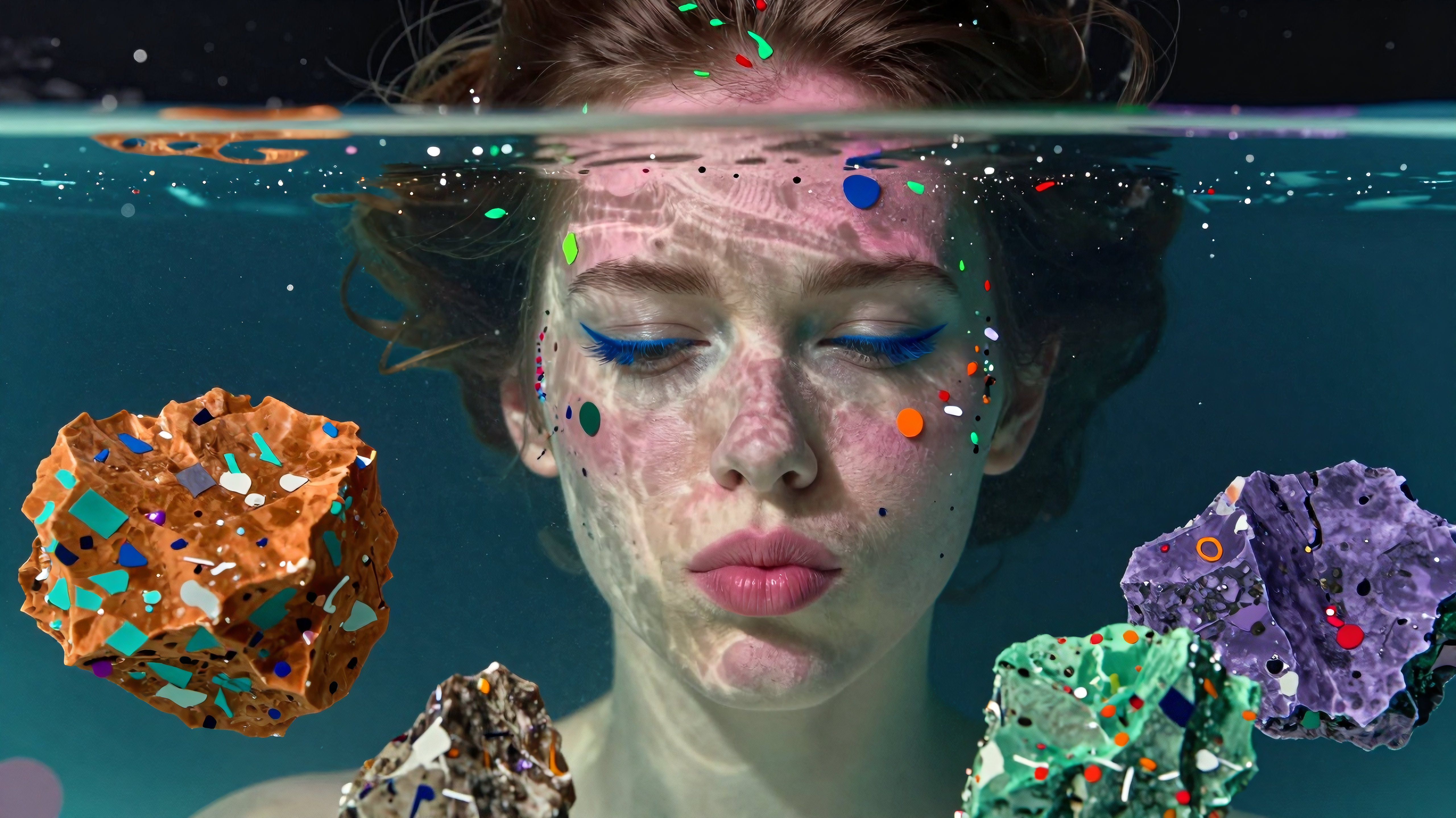 Woman underwater surrounded by glowing cosmic fragments in artistic surreal scene