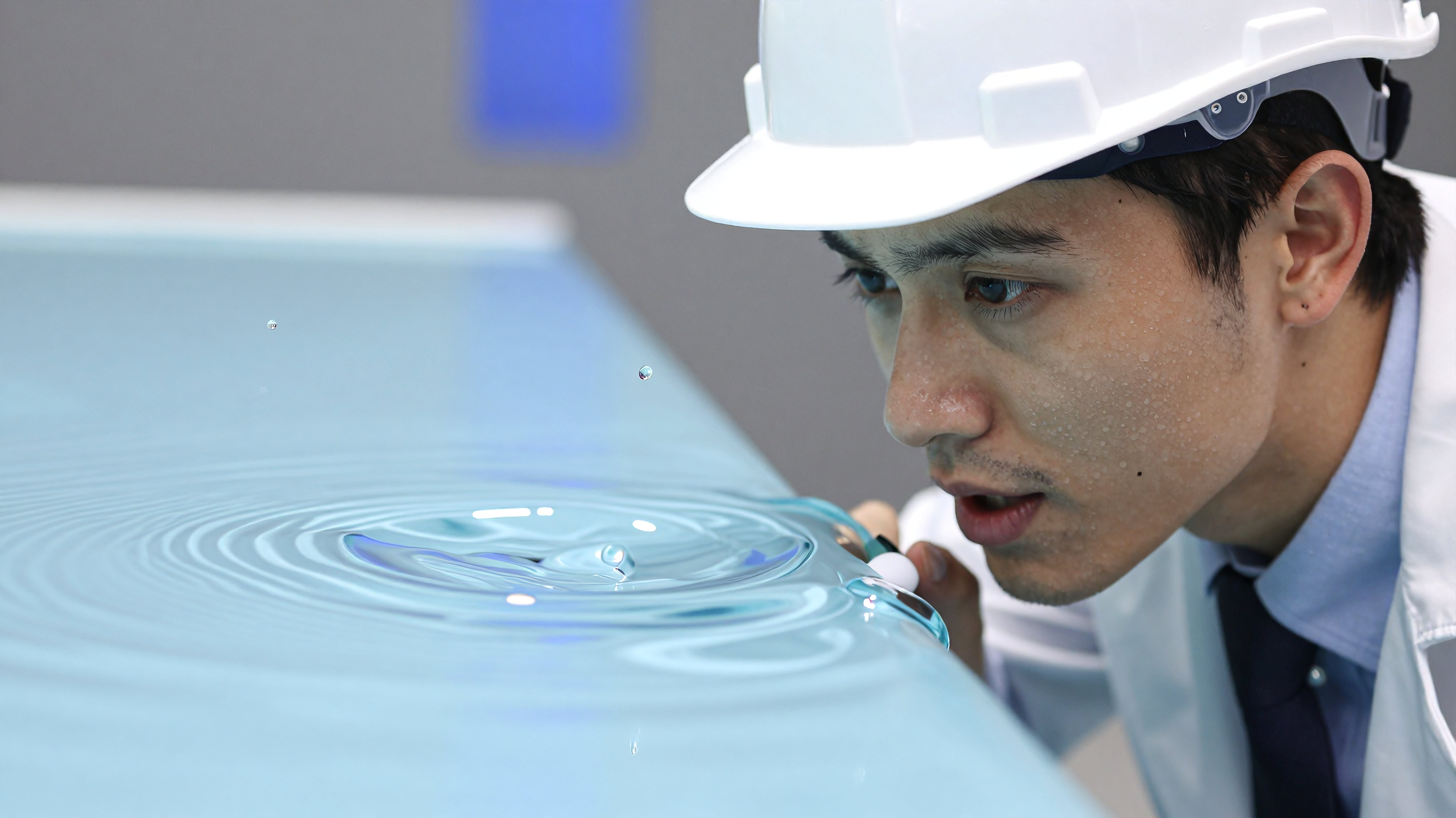 Young scientist observing water ripples in lab setting