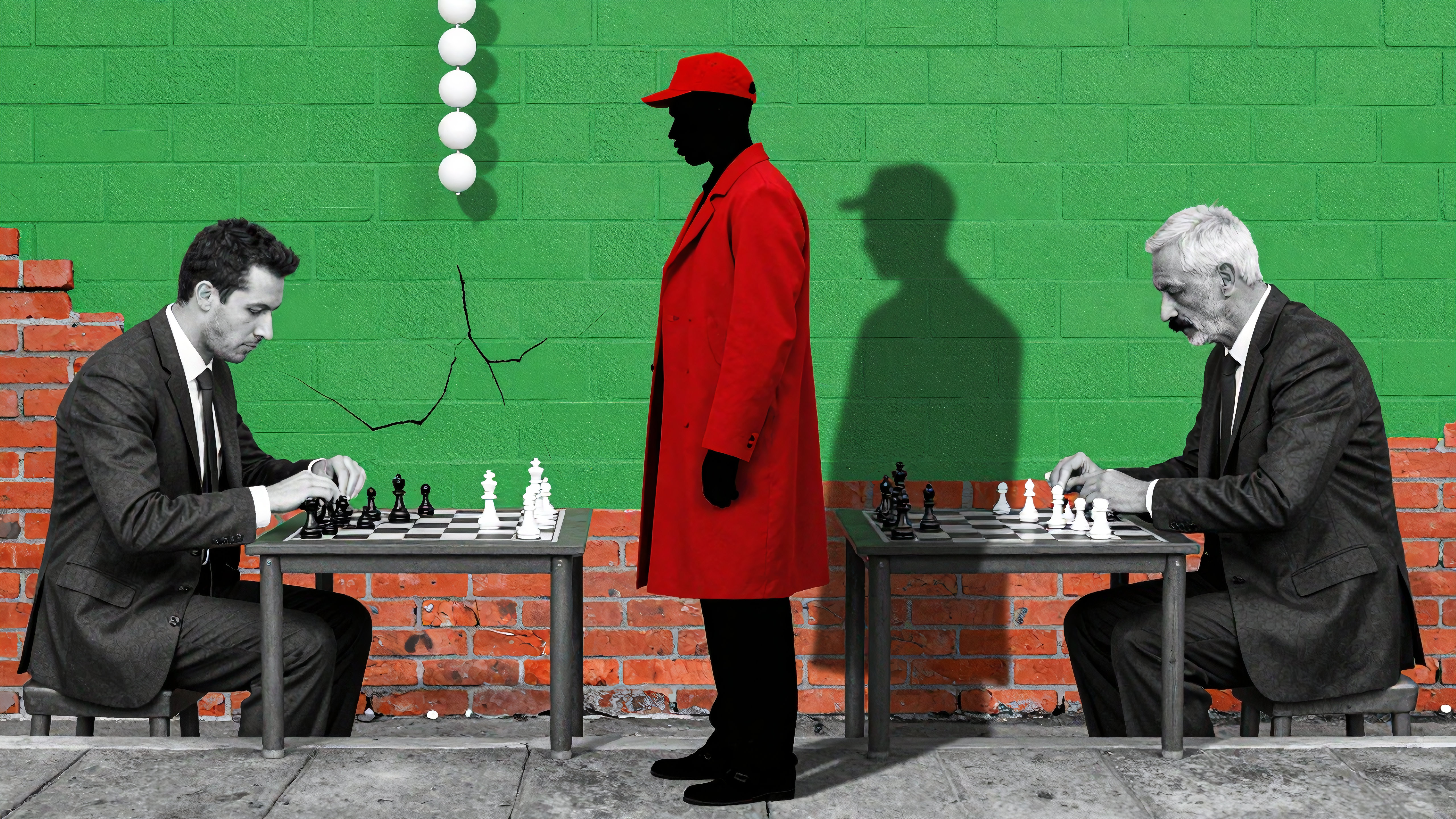 Two businessmen playing chess outdoors with mysterious red-coated figure watching silently