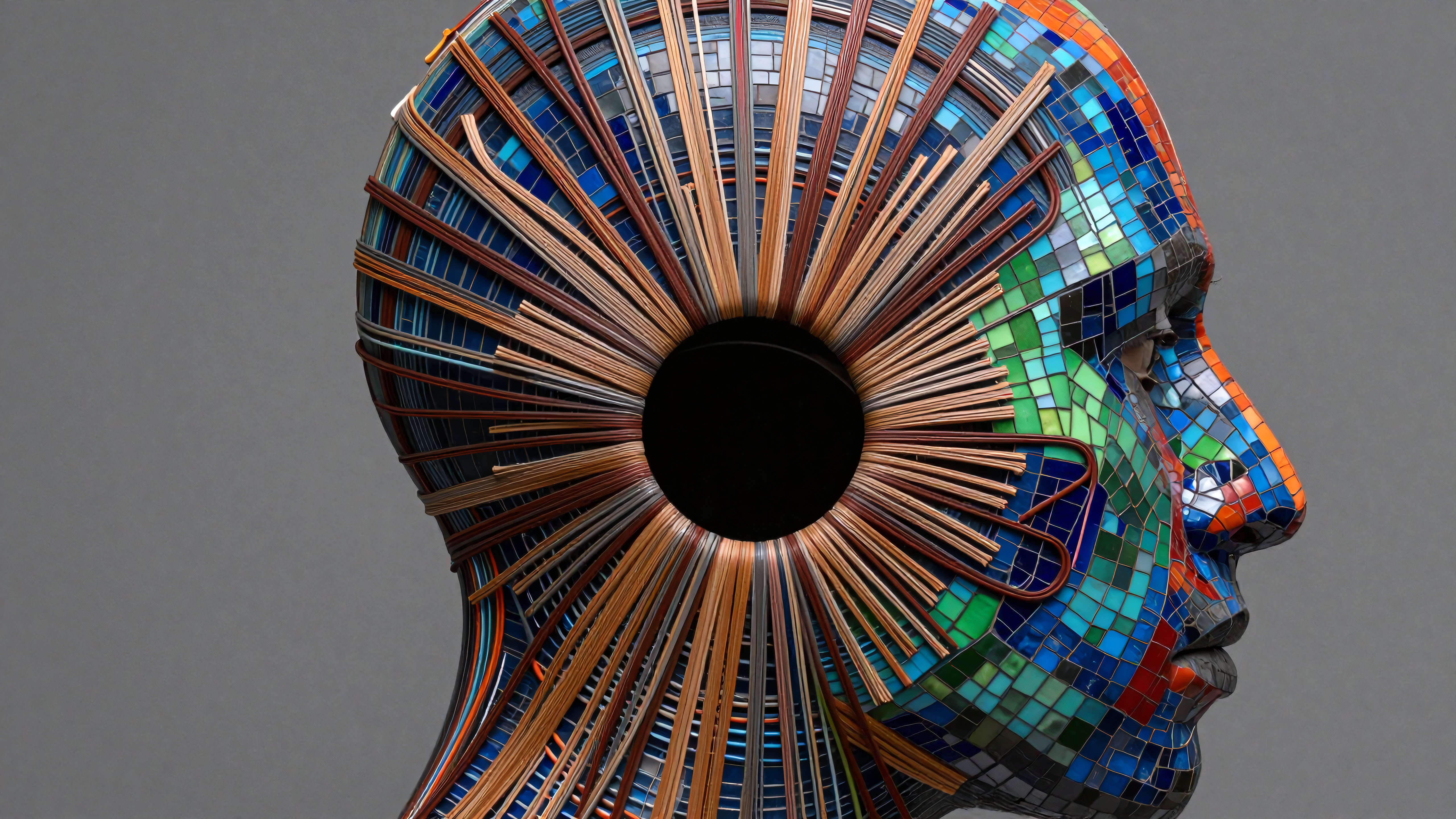 Colorful mosaic head sculpture representing mind and technology