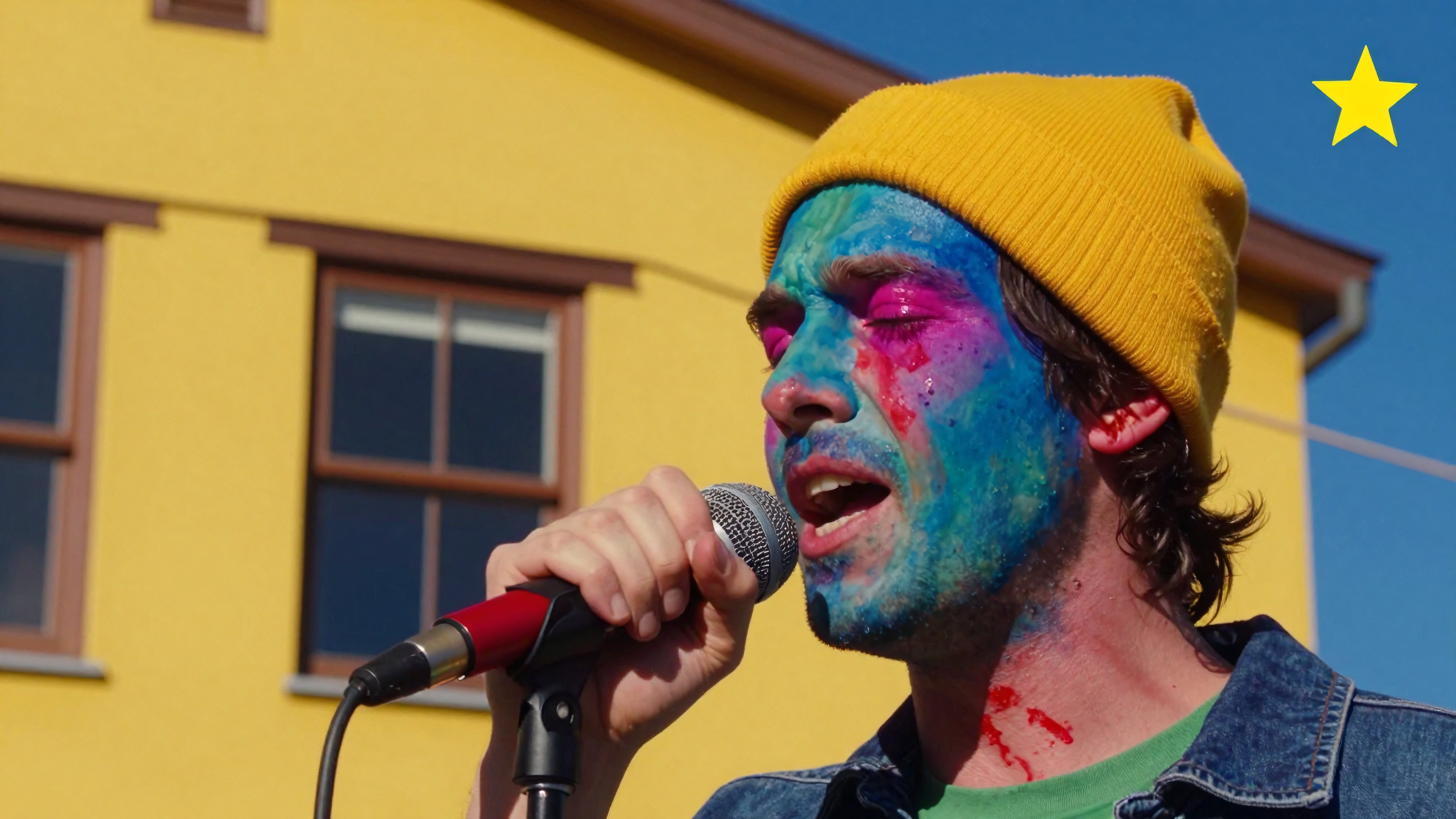Man sings with paint-covered face holding mic outside