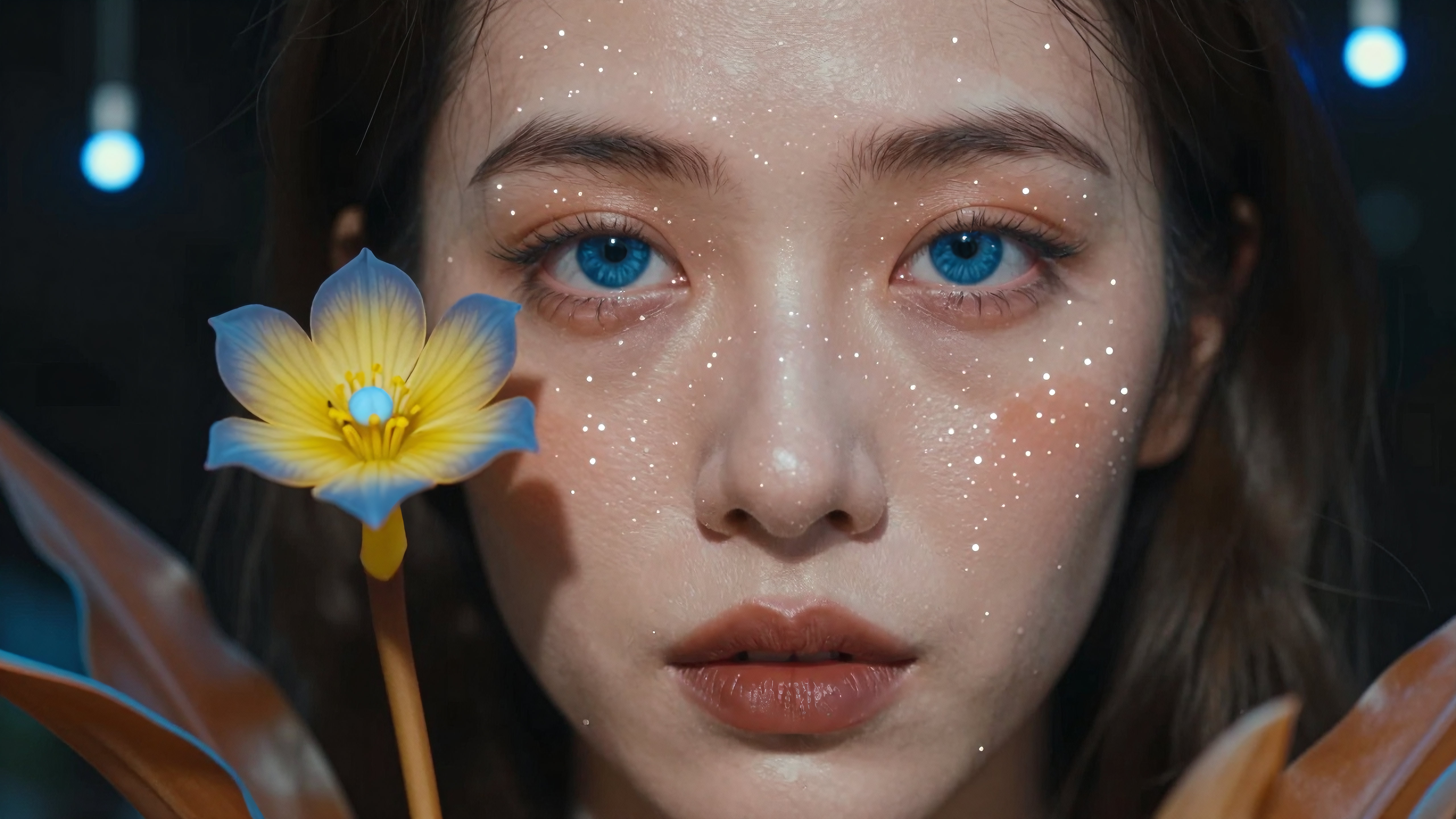 Fantasy portrait of beautiful woman holding enchanted flower with glowing blue eyes