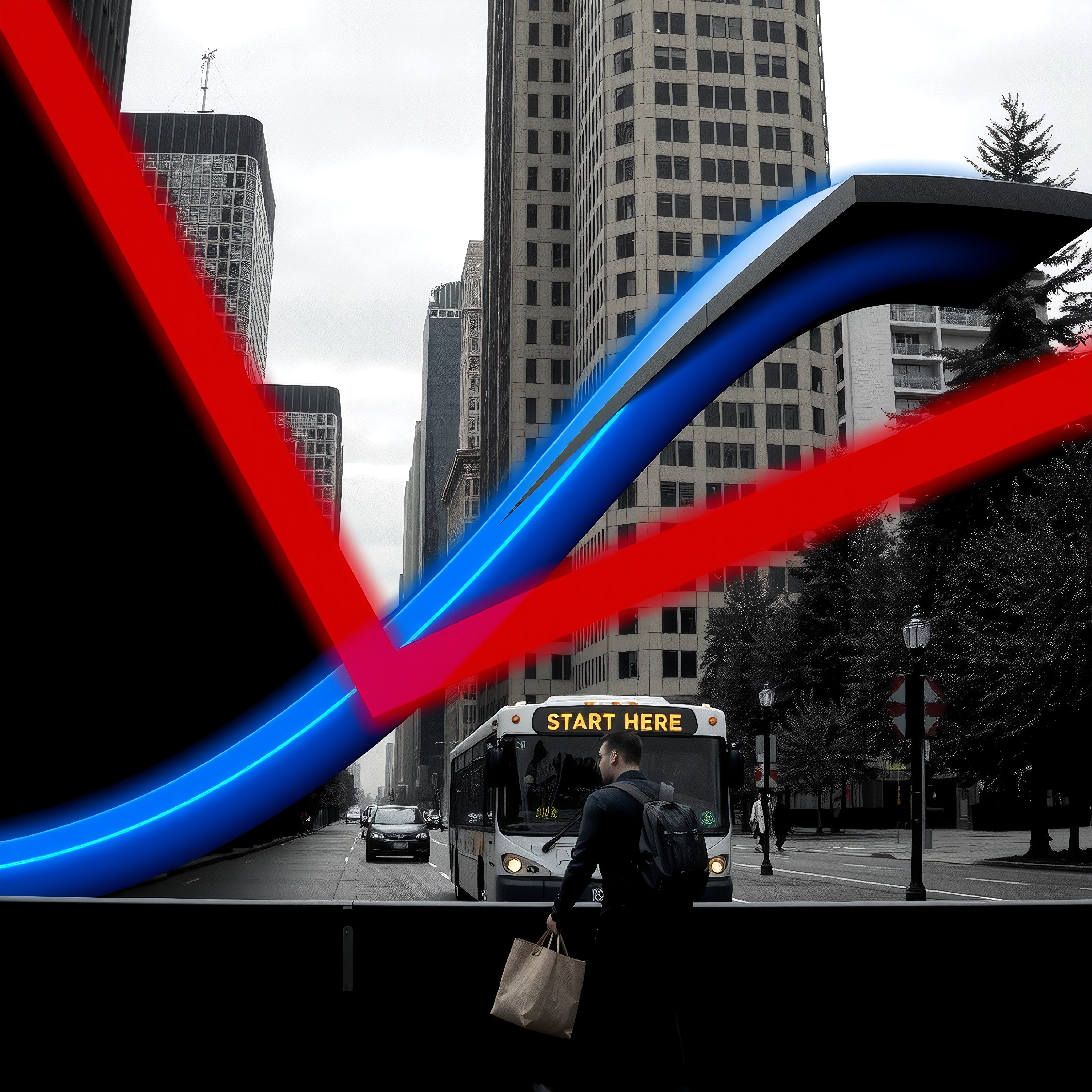 A man crossing a city street with futuristic red and blue lines above, titled Start Here on a bus.