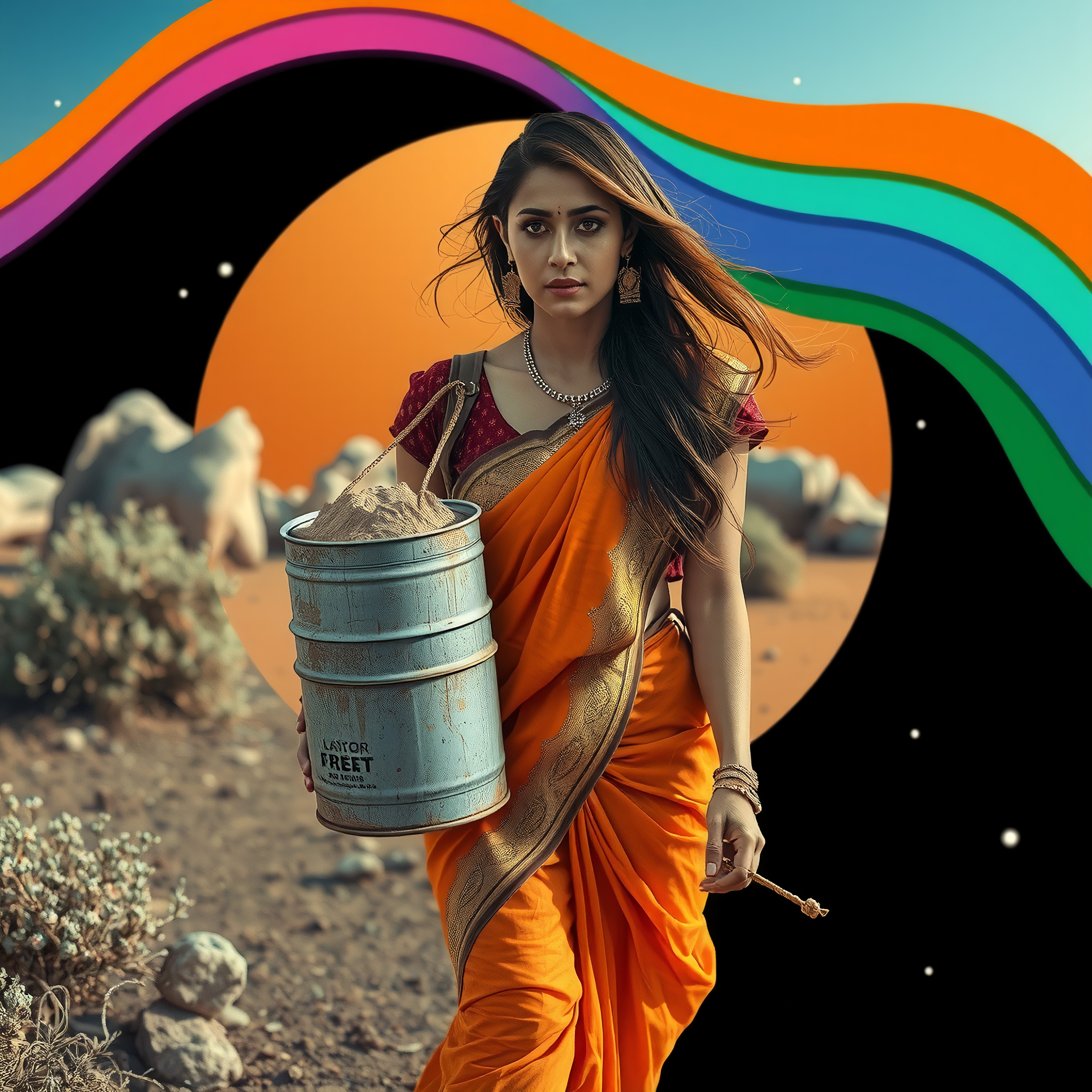 Woman in orange saree with metallic container in desert landscape against colorful abstract backdrop.