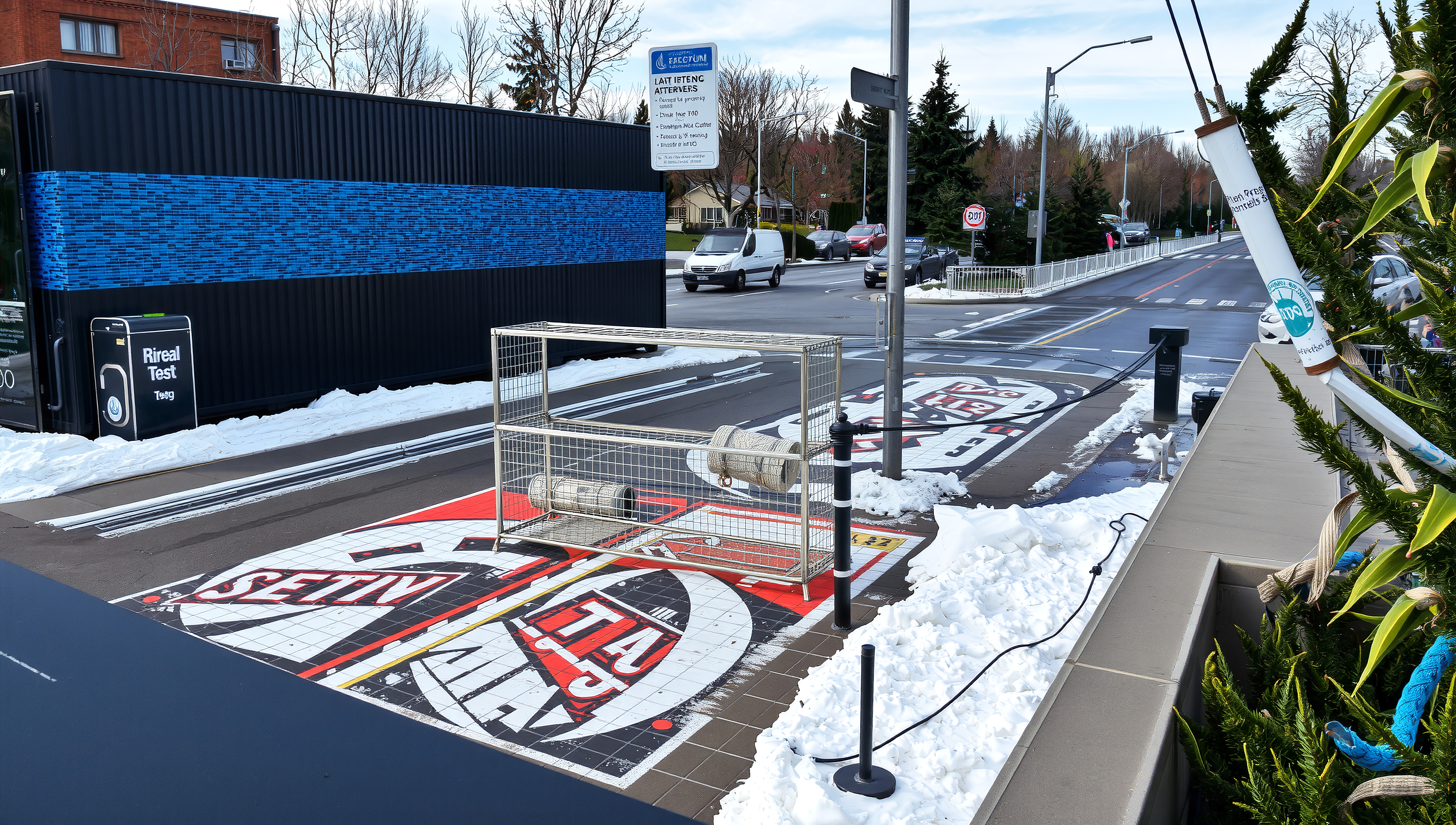Urban street with snow, road markings, and art.