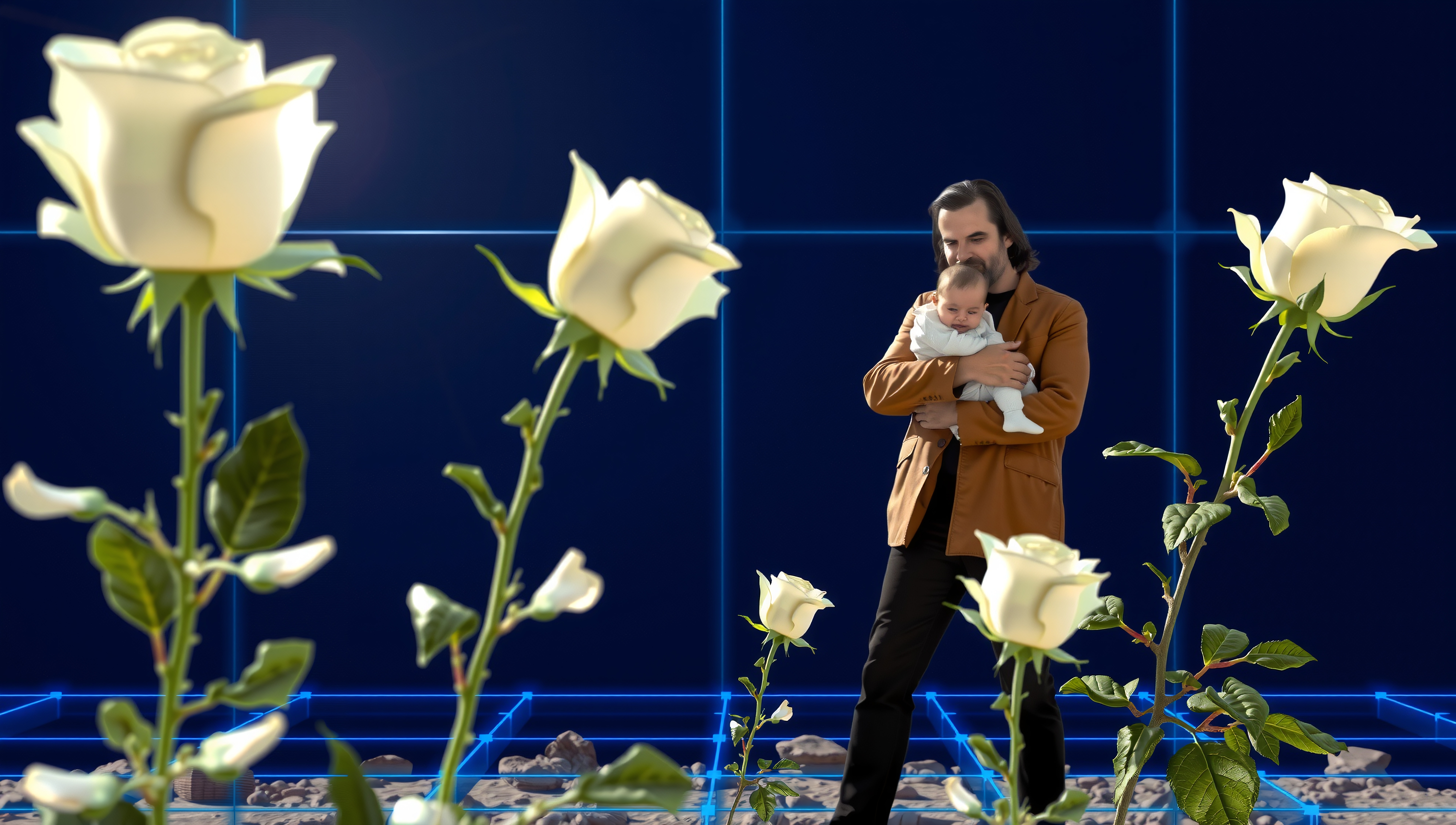 A man holds a baby amidst oversized white roses and a futuristic grid background.