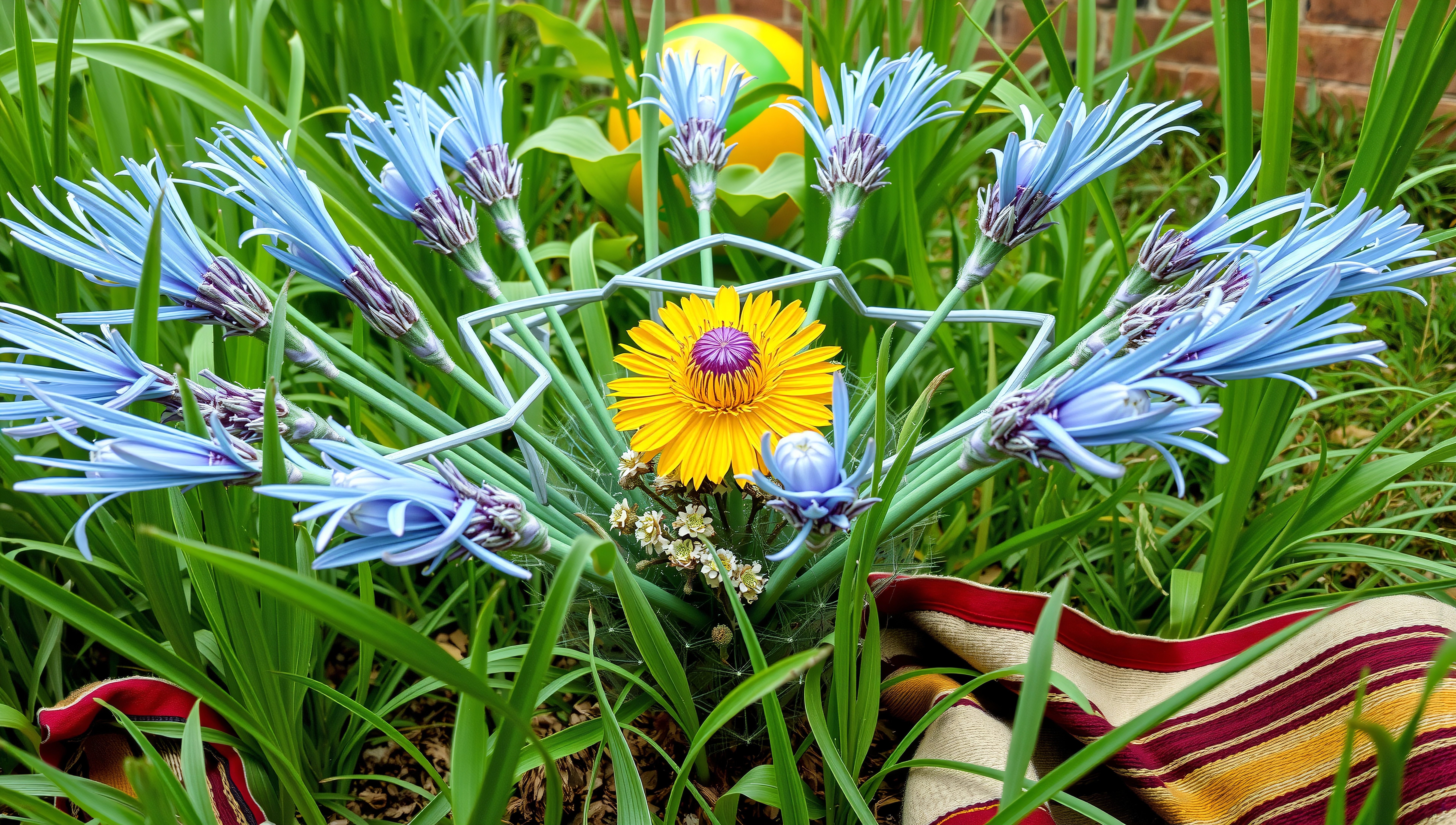 A colorful arrangement of artificial flowers surrounded by lush grass and a playful yellow ball.