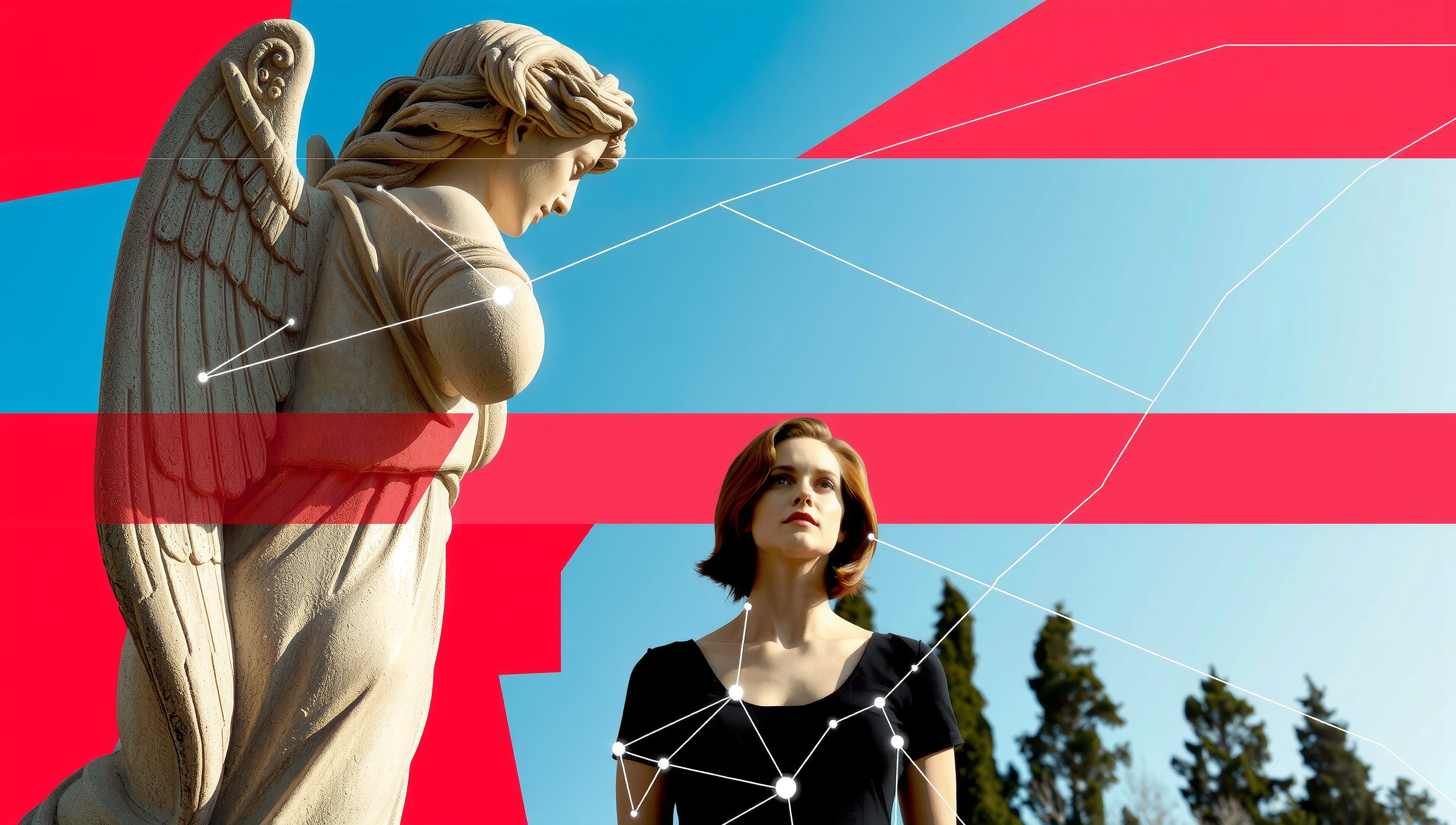A woman and an angel statue, connected by geometric lines, set against a vivid blue sky and red accents.