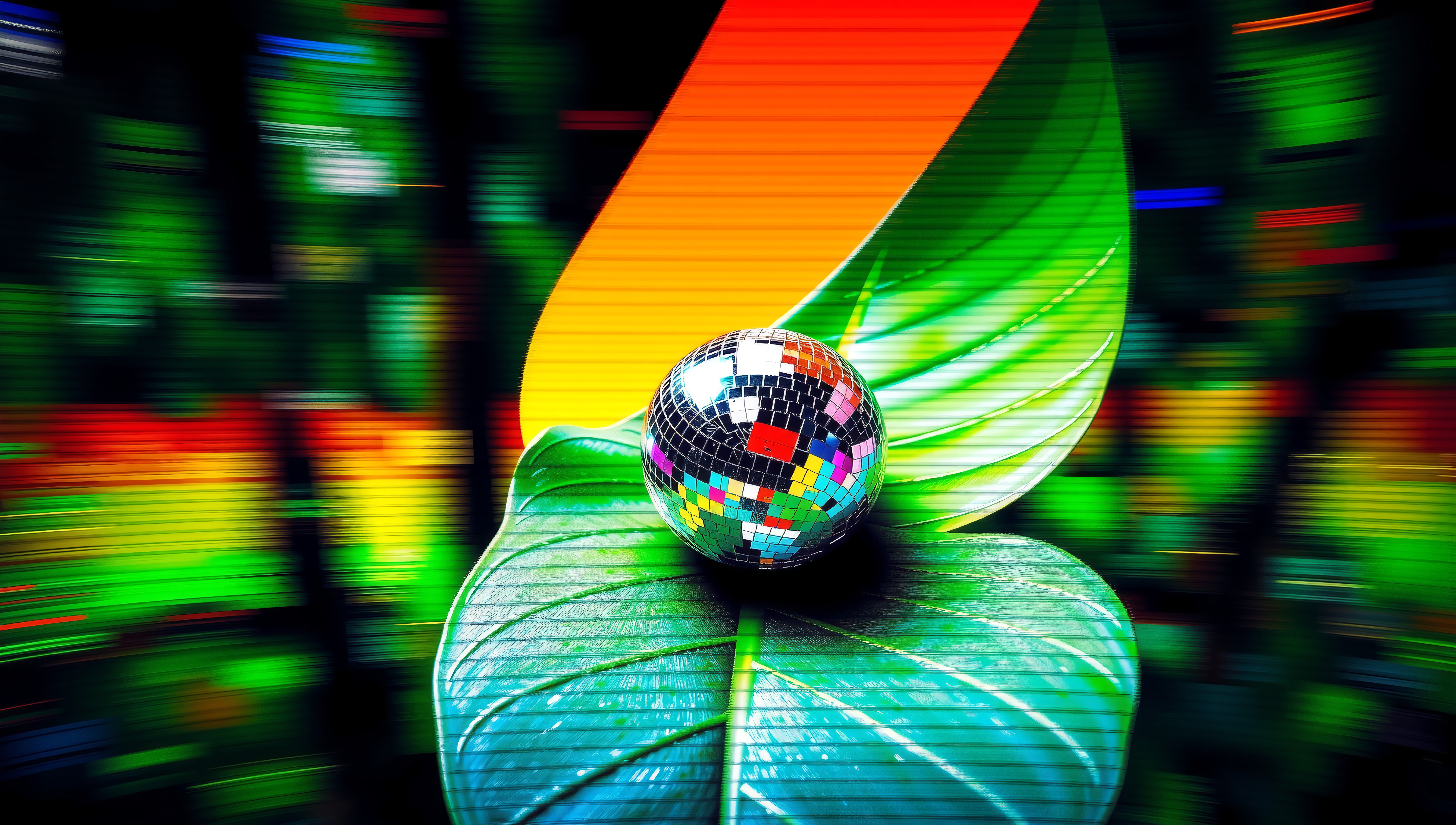 A colorful disco ball on a lush green leaf with a blurred vibrant background.