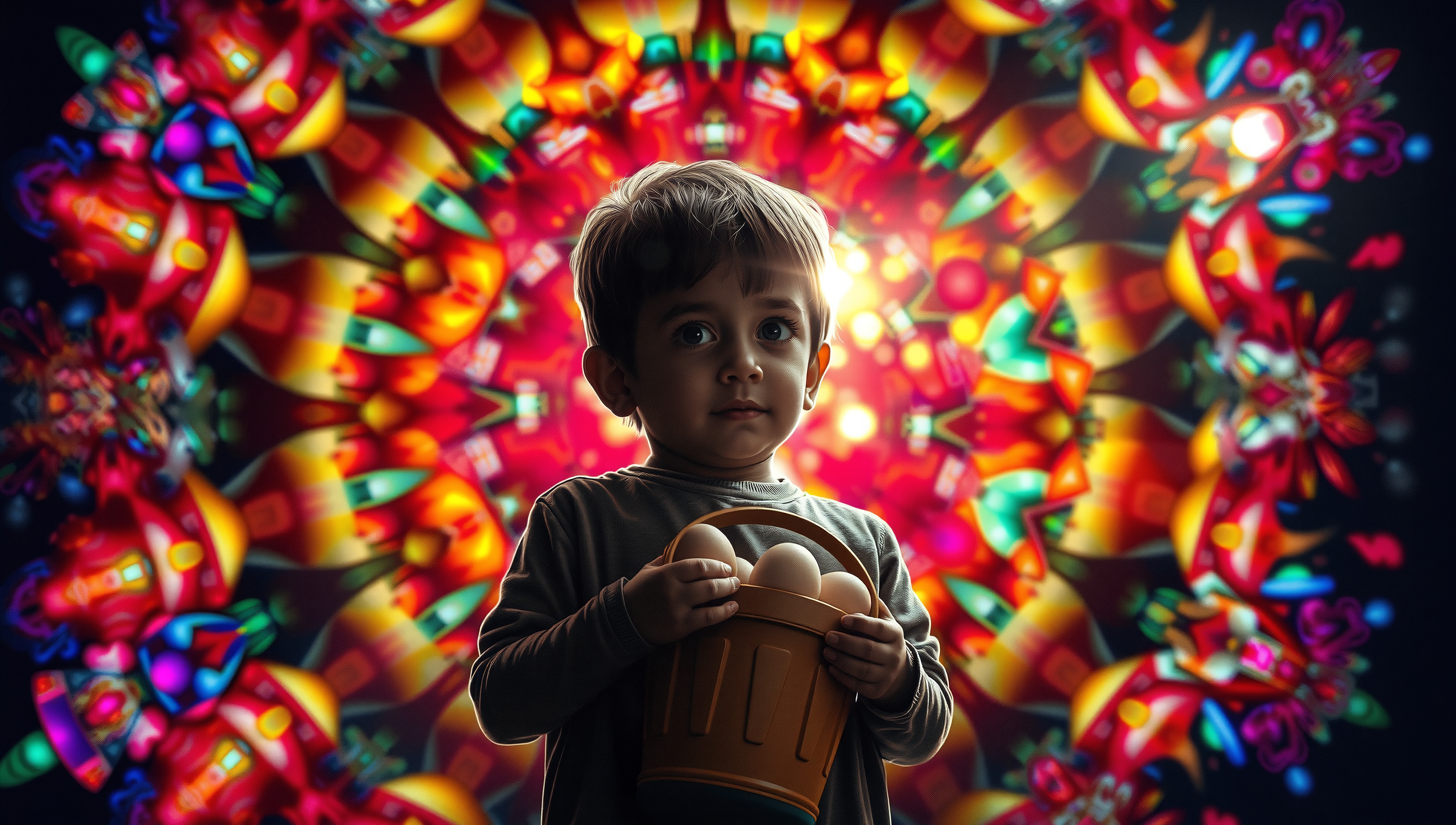 Child Holding Easter Basket Amidst Vibrant Psychedelic Backgroun