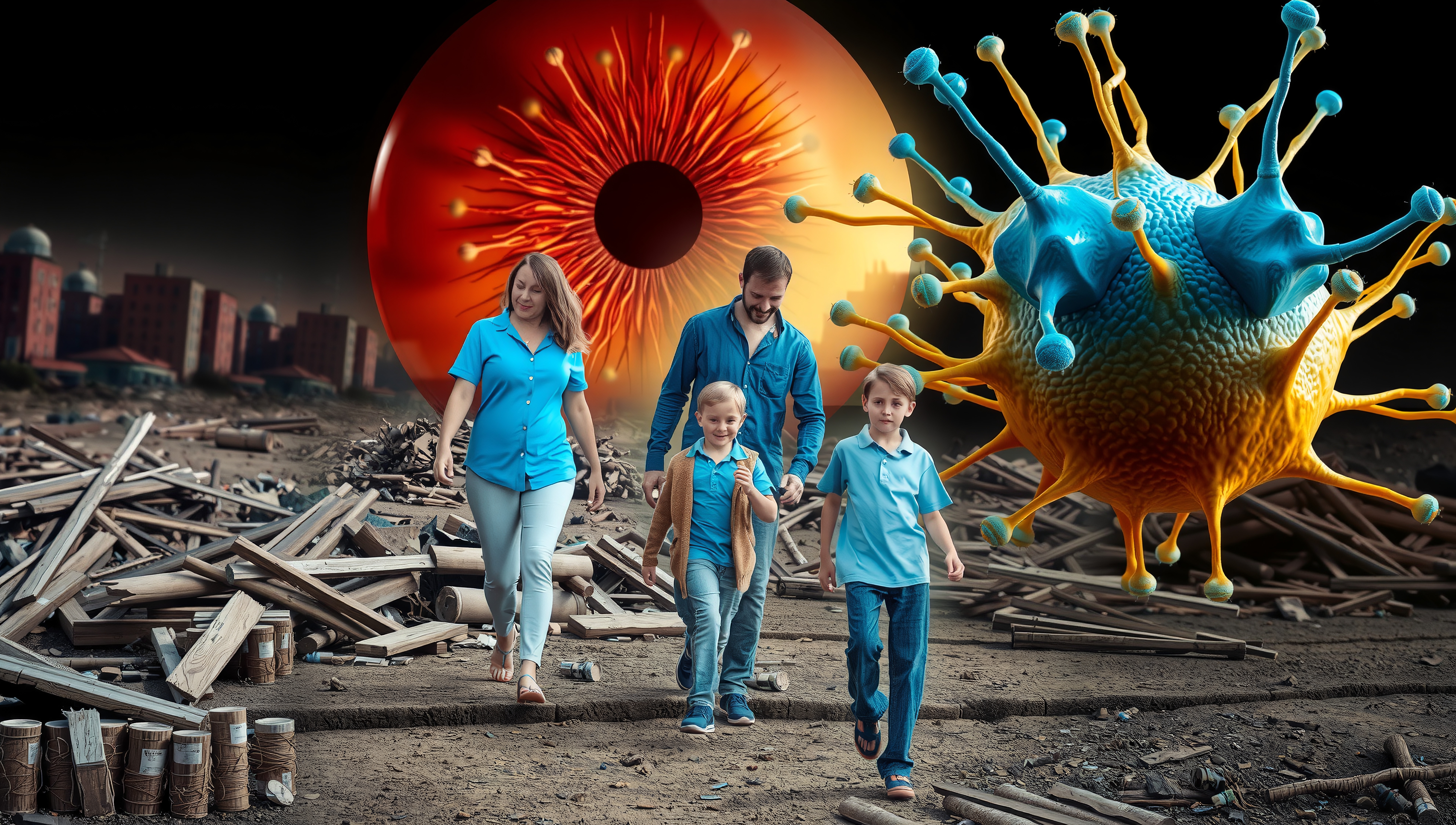 Family walking through surreal landscape with uncanny eye and virus elements.