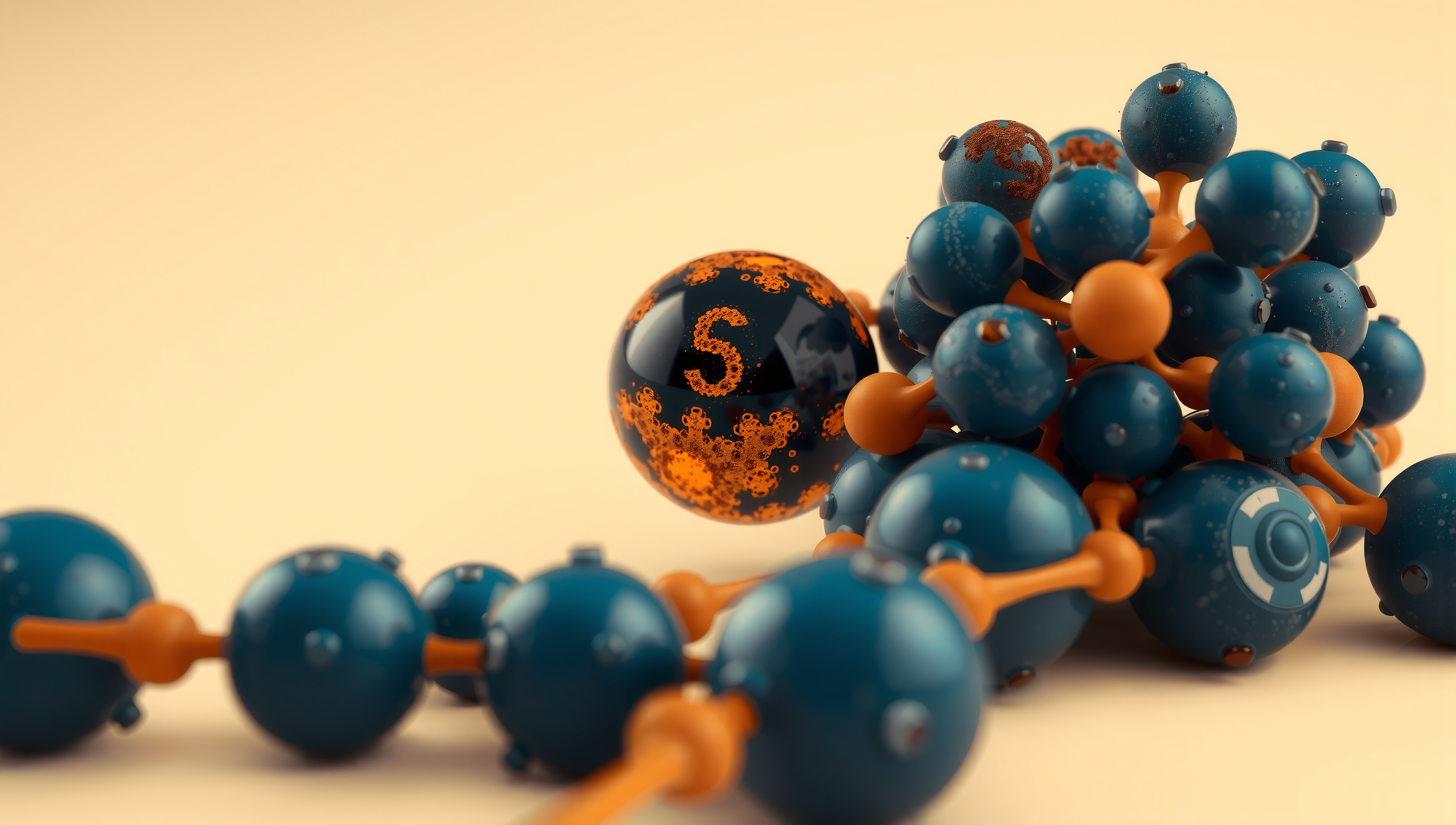 3D visualization of abstract molecular structure, featuring interconnected blue and orange spheres.