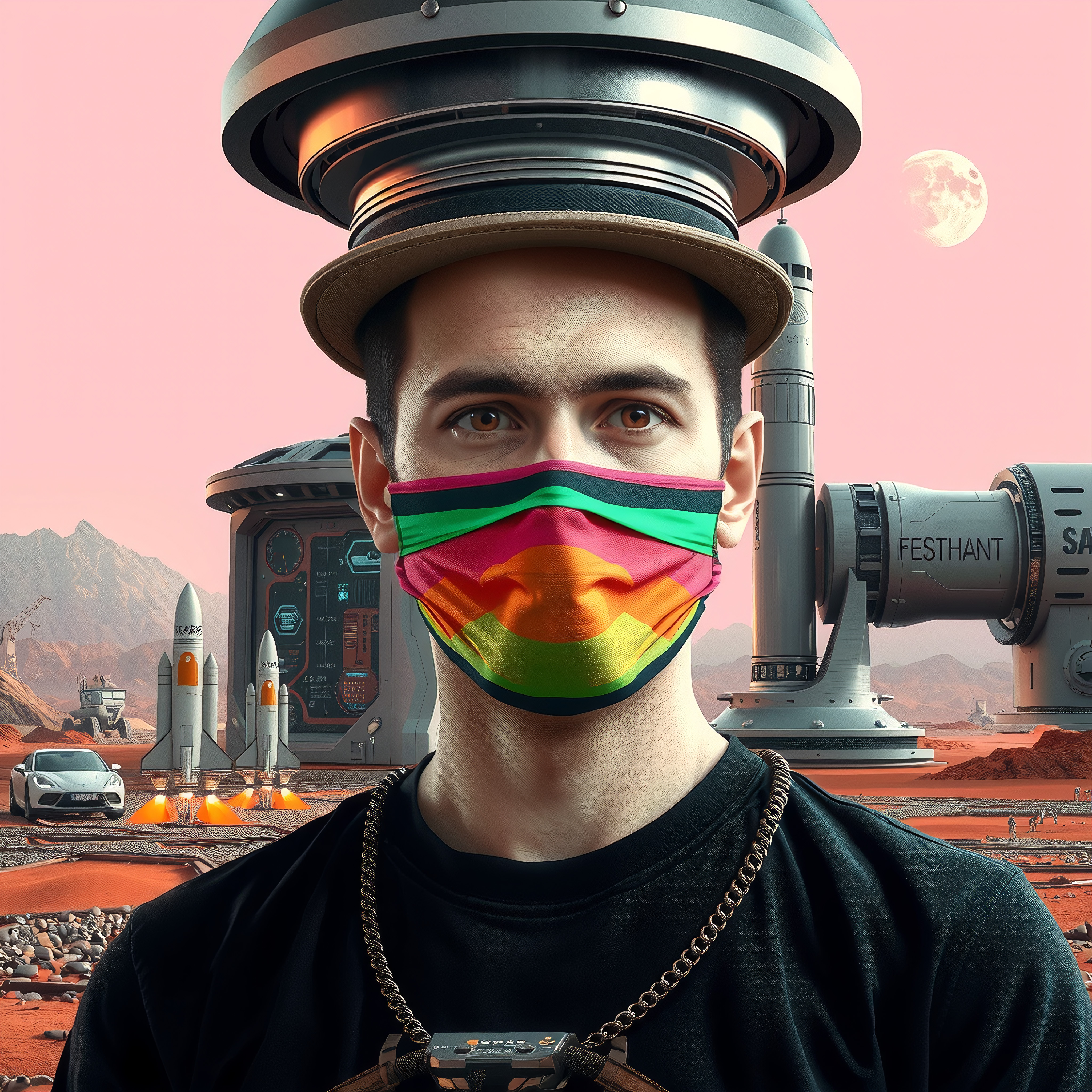 Futuristic Martian Explorer with Vibrant Rainbow Mask and Advanc