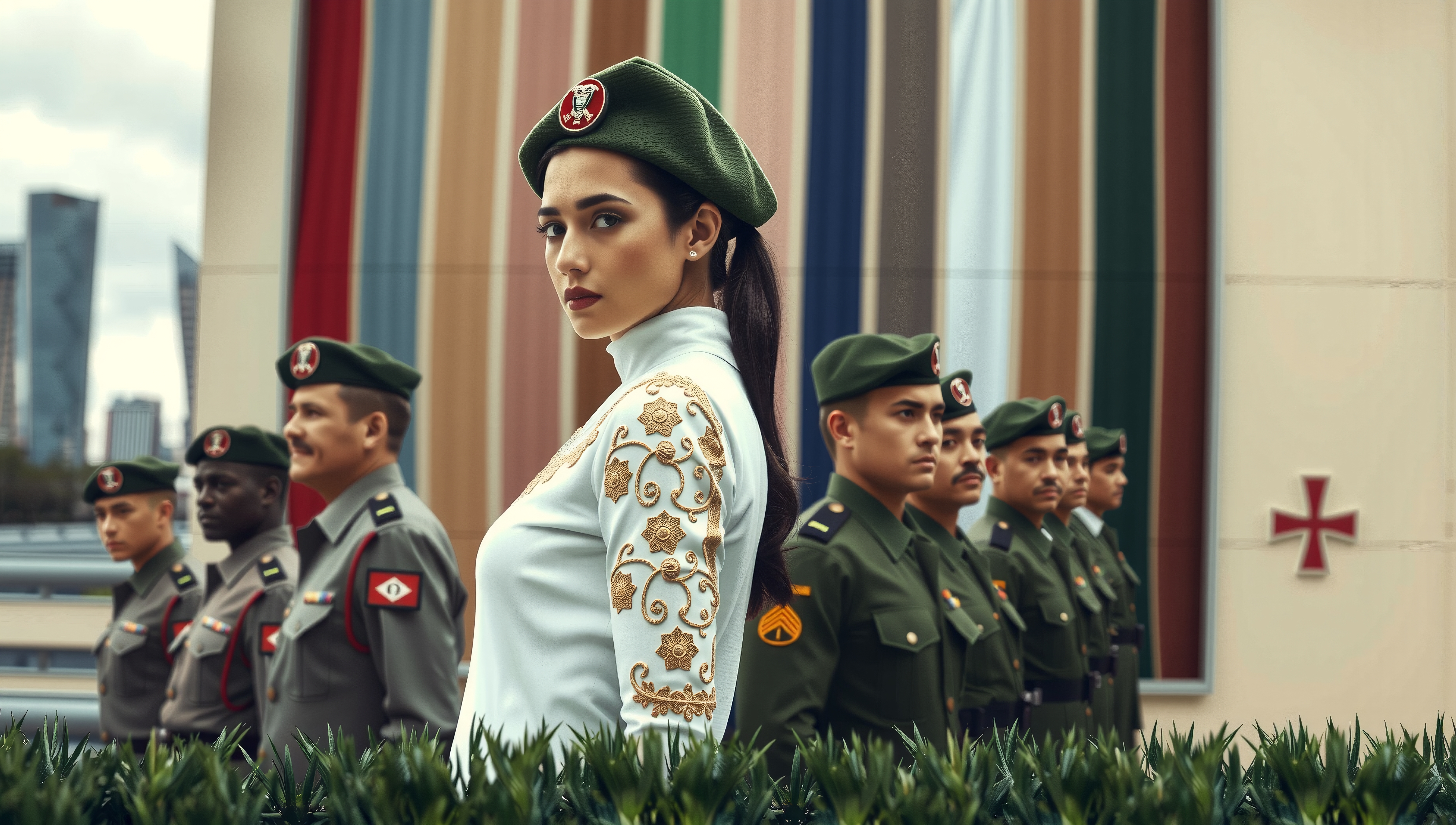 Line of uniformed individuals in a ceremonial urban setting with distinctive attire.