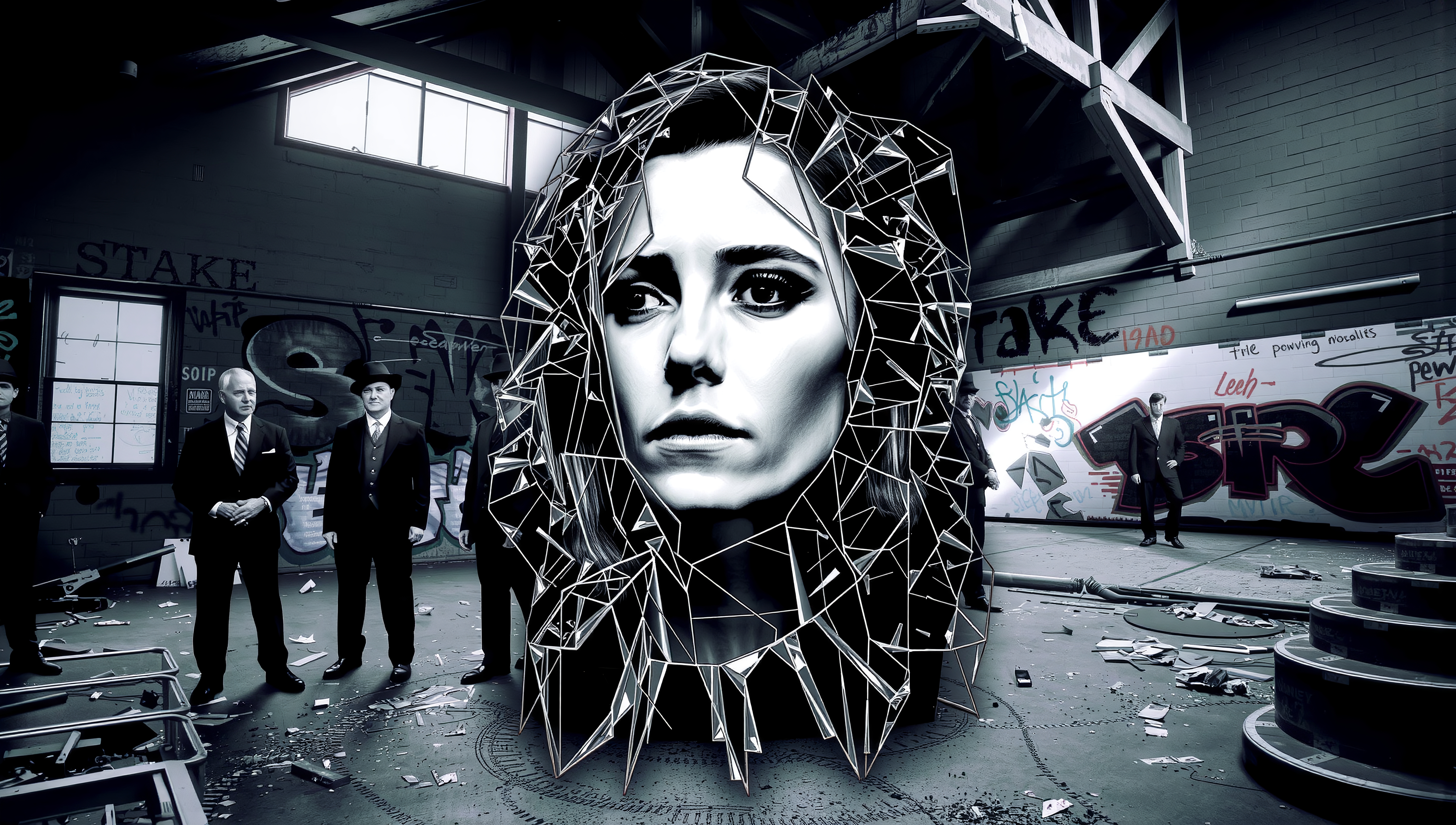 Abstract geometric sculpture in an urban graffiti-covered setting with dramatic contrasts and formal figures.