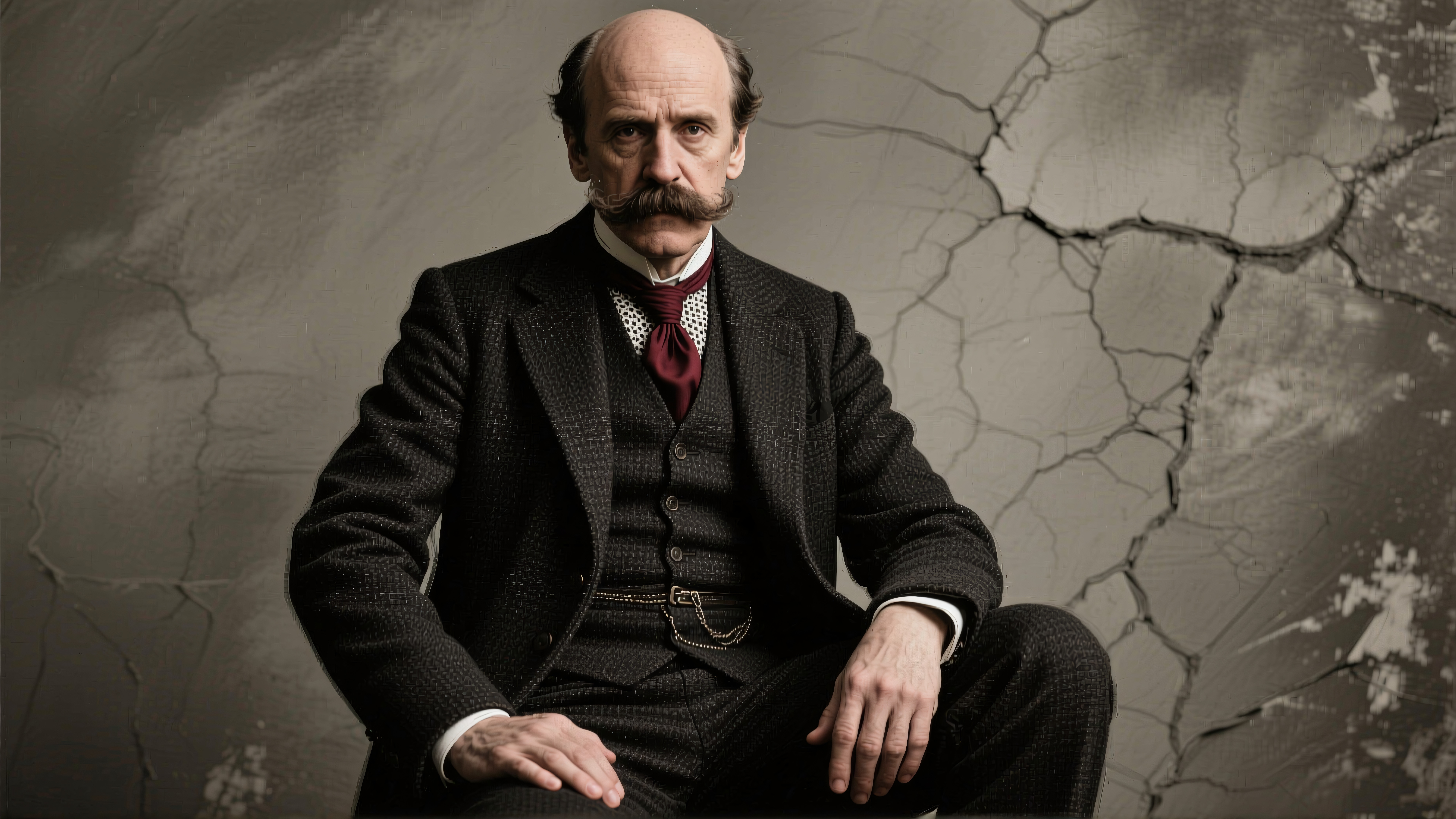 Distinguished gentleman in a textured suit seated against a cracked wall, exuding vintage elegance and intensity.