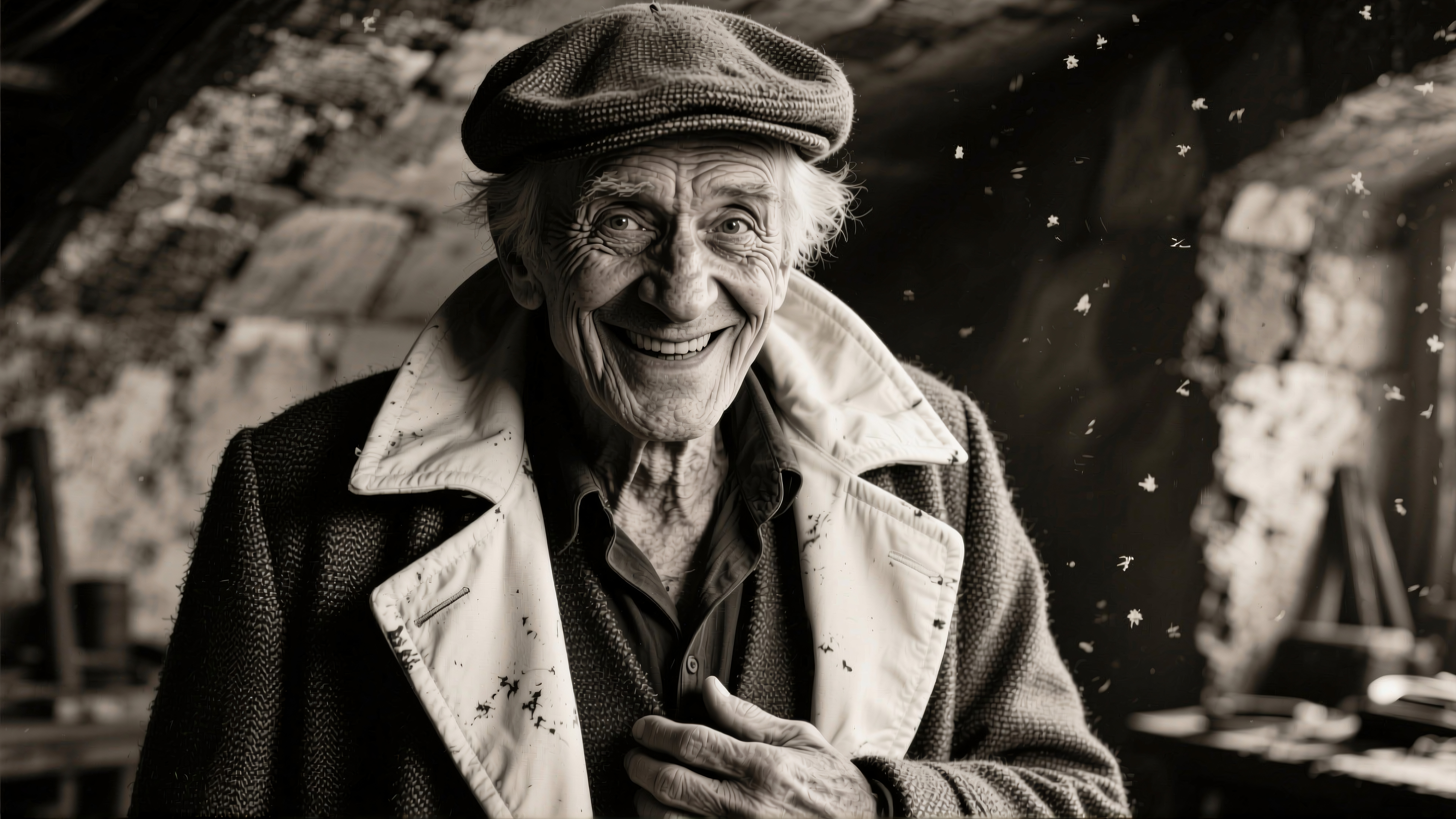 Elderly man smiling warmly indoors wearing flat cap and textured jacket.