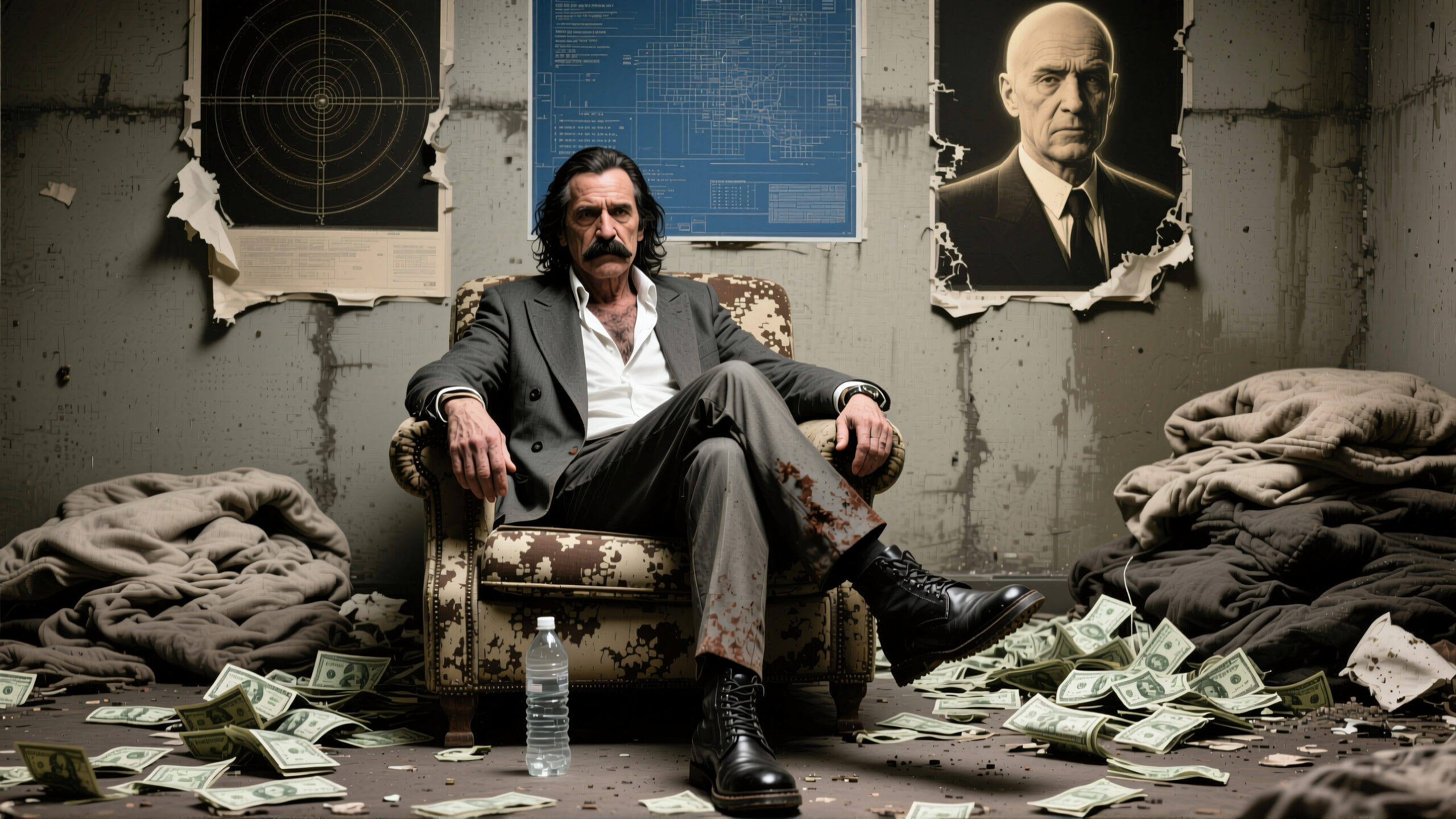 Mafia Boss with Scattered Cash in Gritty Office Interior - Stock Photo
