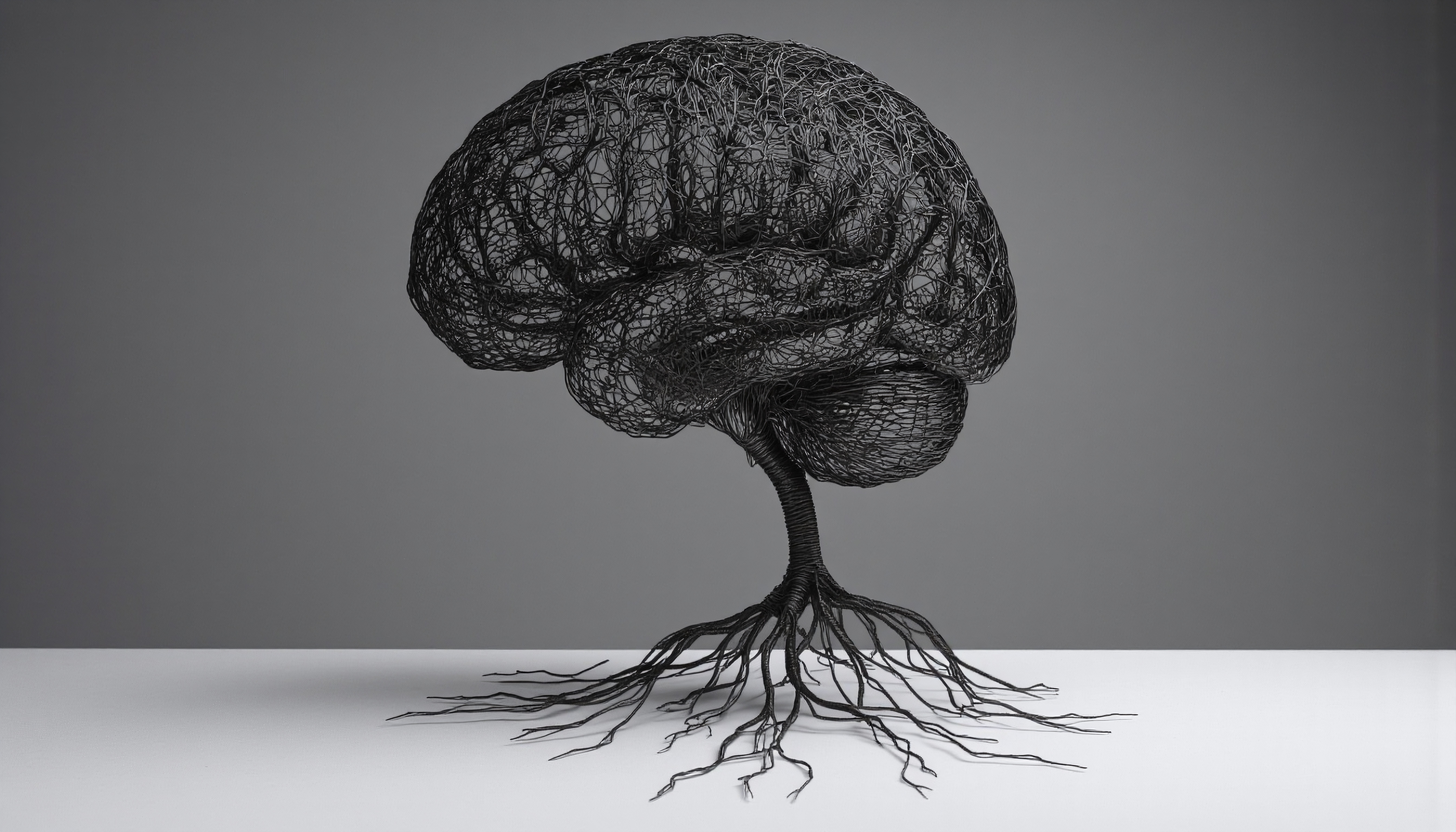 A wire sculpture depicting a brain with intertwining roots symbolizing the connection between nature and cognition.