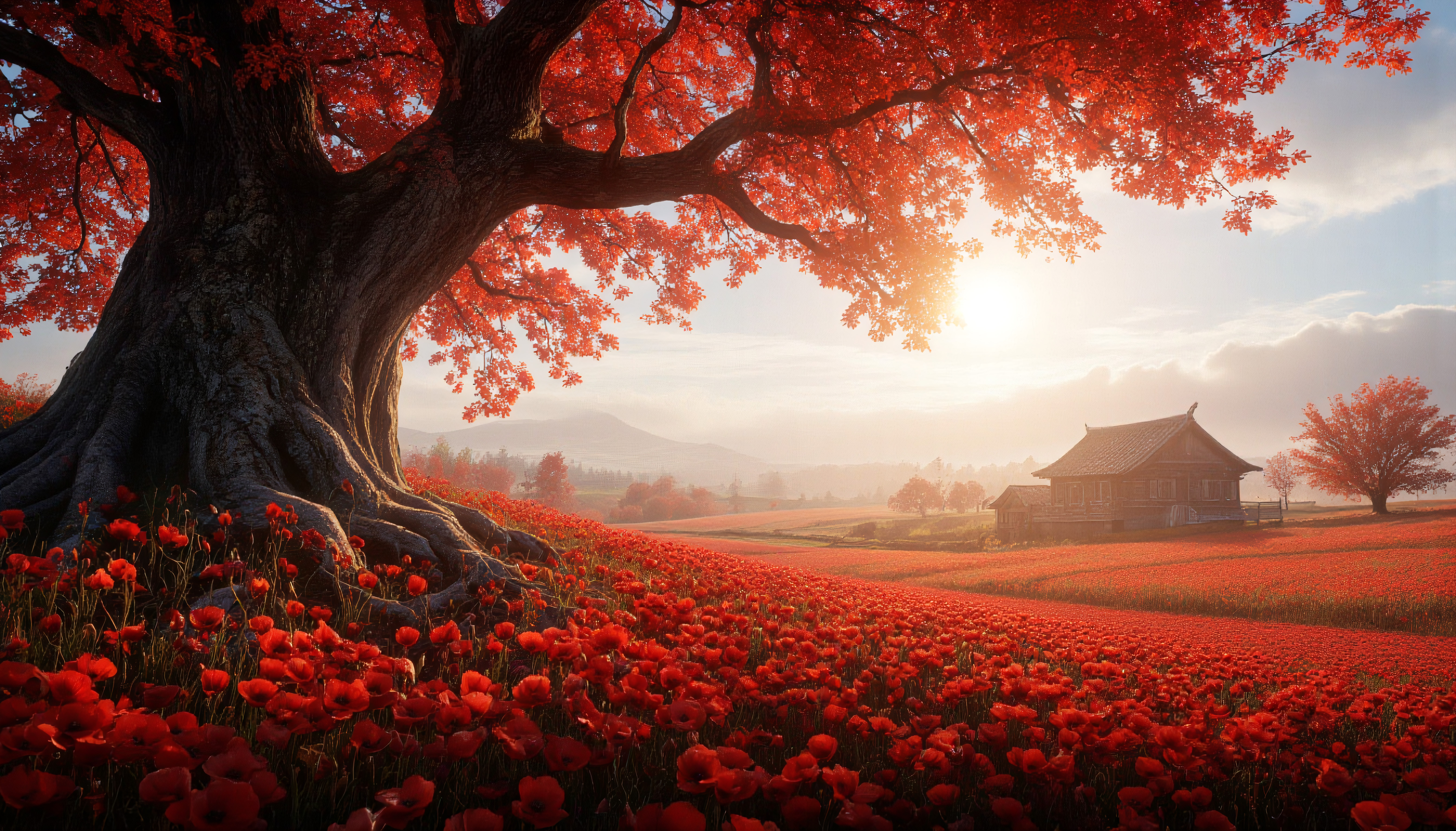 Autumn tree, red poppy field, rustic house sunset landscape